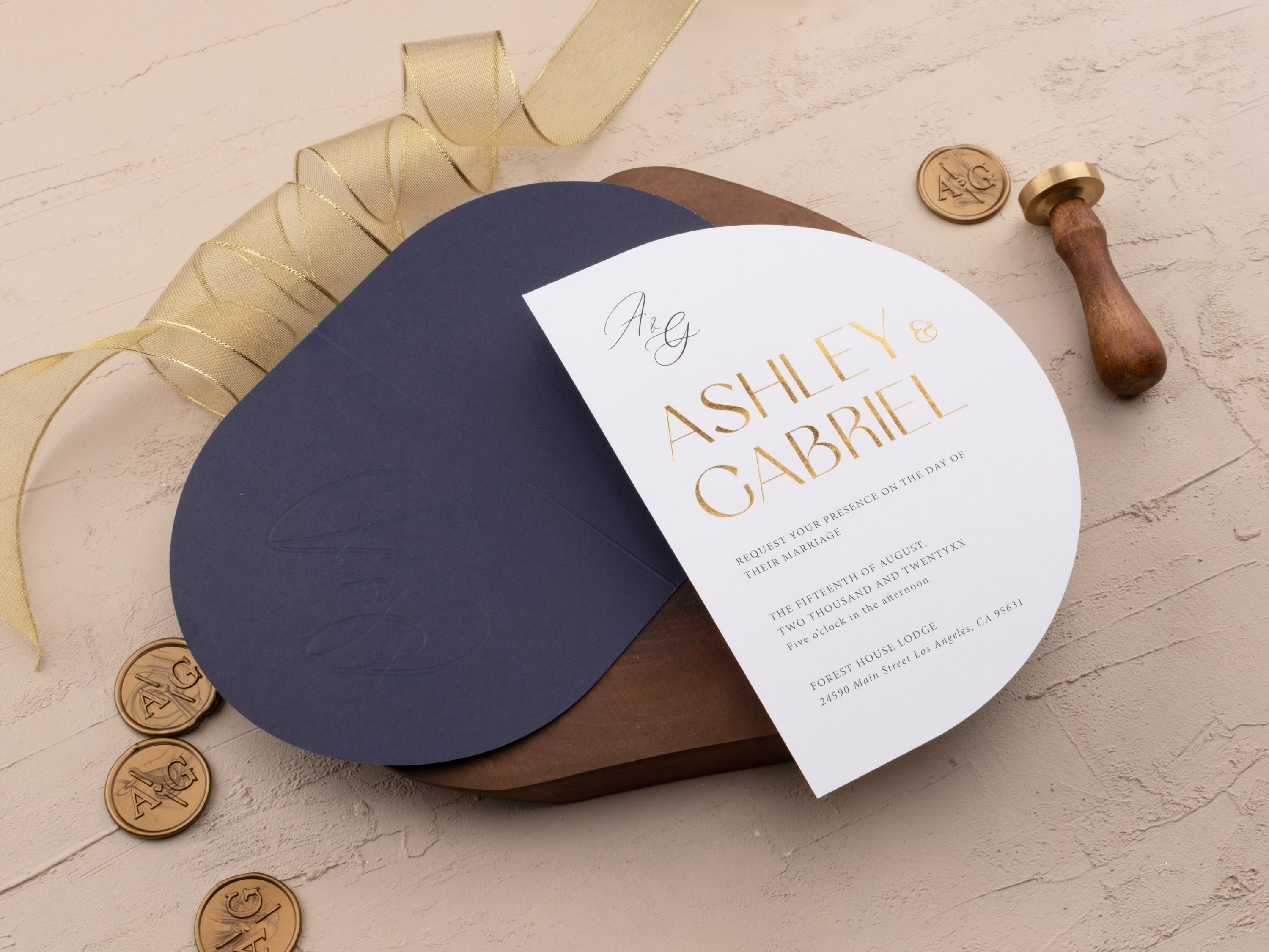 Rustic Gold Foil Printed Wedding Invite with Navy Blue Jacket