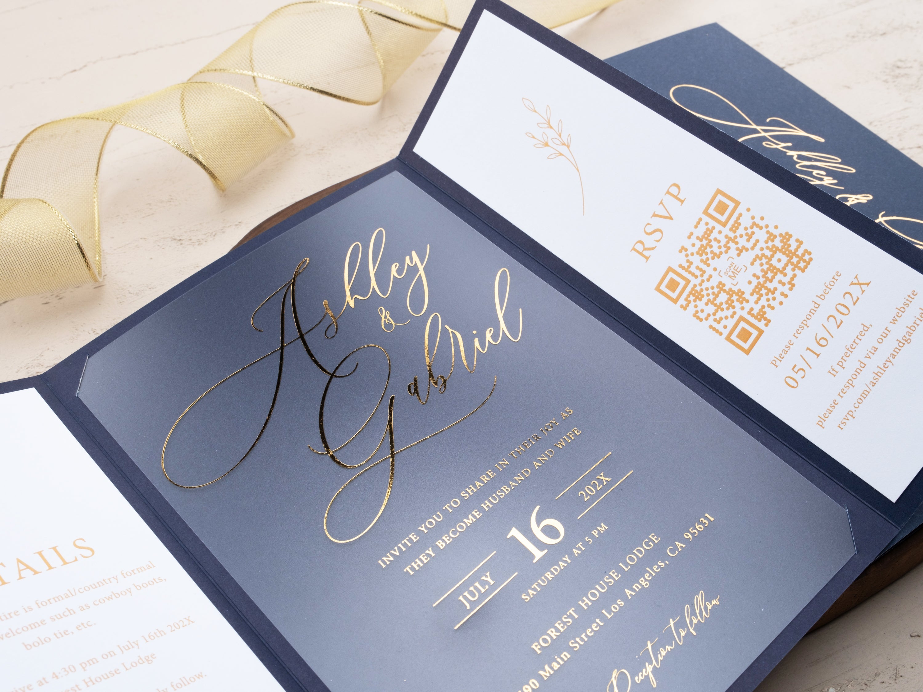 Navy Blue & Gold Foil Acrylic Wedding Invitation with Gatefold Jacket