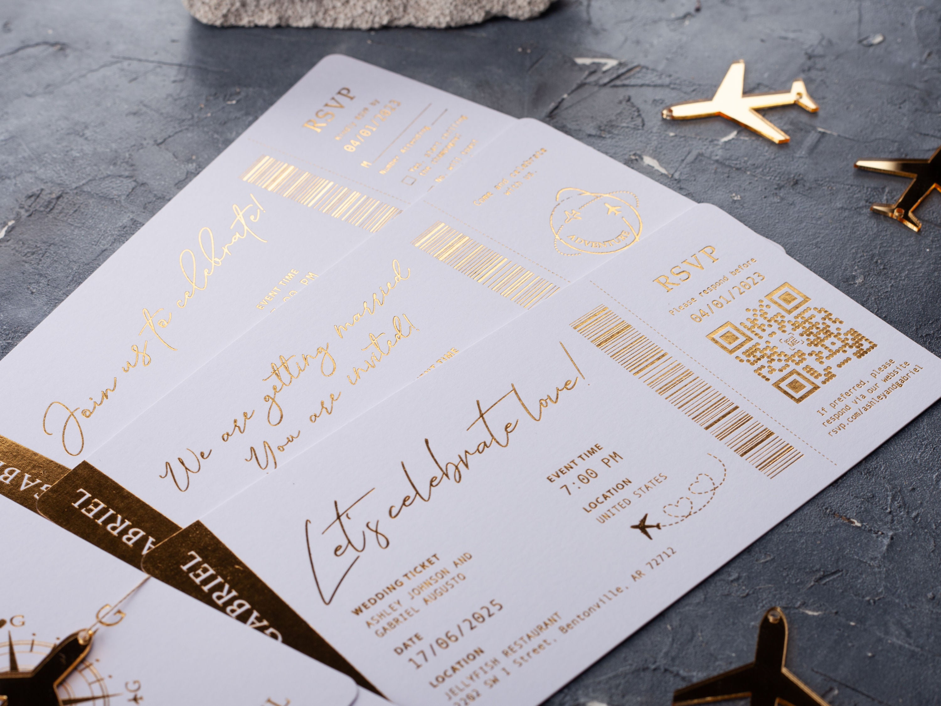 White Passport Wedding Invitation with Gold Foil