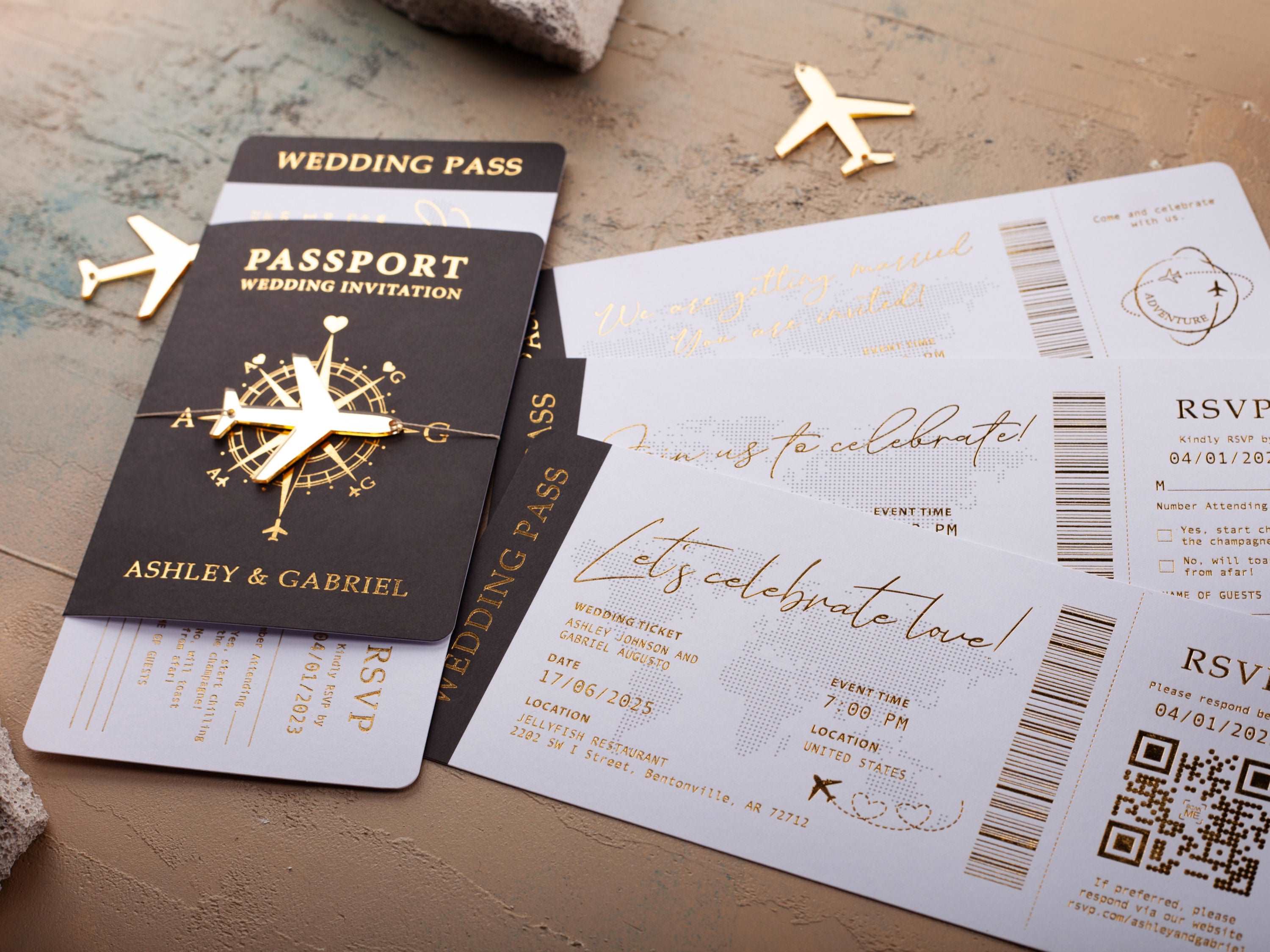 Black Passport Wedding Invitation with Gold Foil