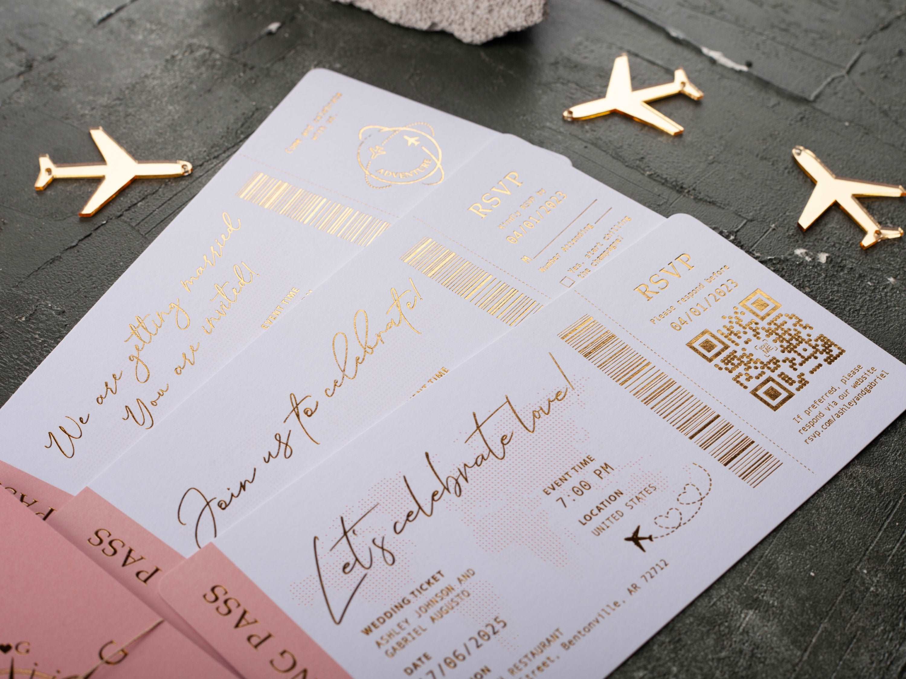Blush Pink Passport Wedding Invitation with Gold Foil