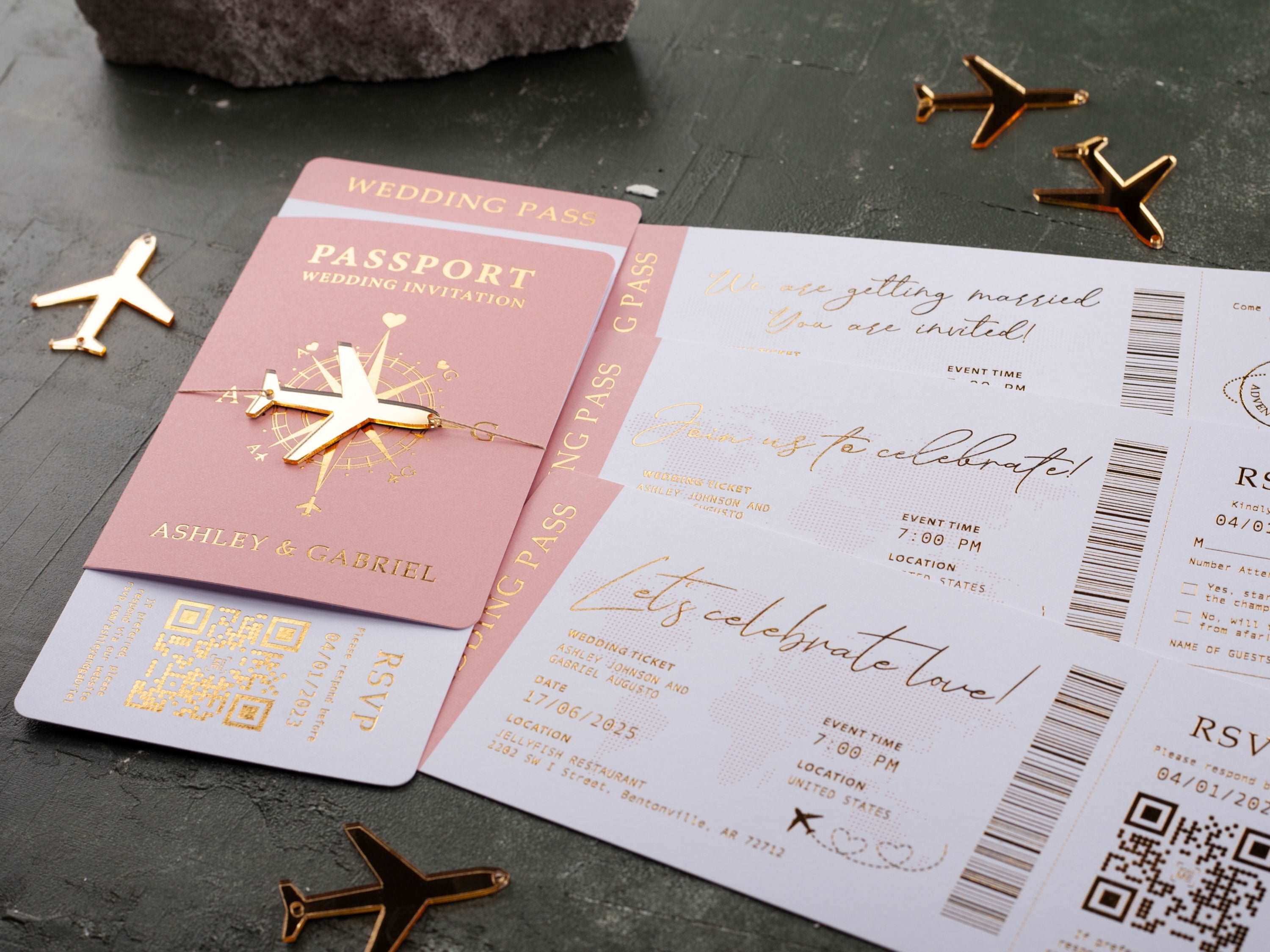 Blush Pink Passport Wedding Invitation with Gold Foil
