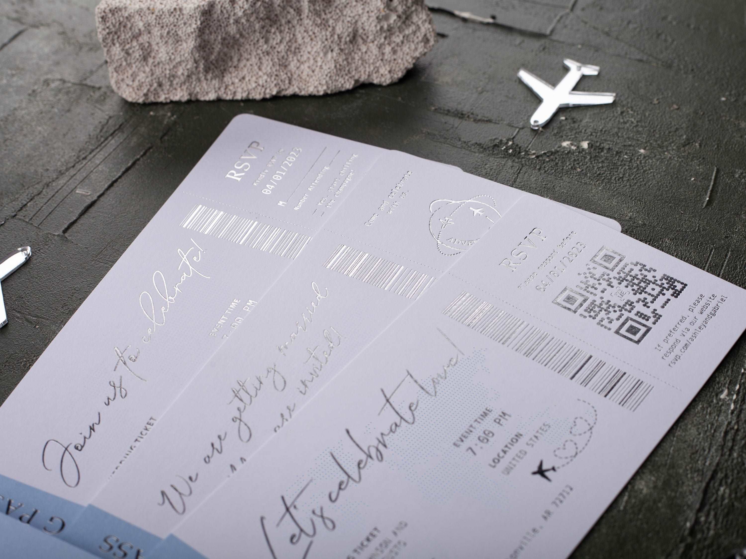 Baby Blue Boarding Pass Wedding Invitation with Silver Foil