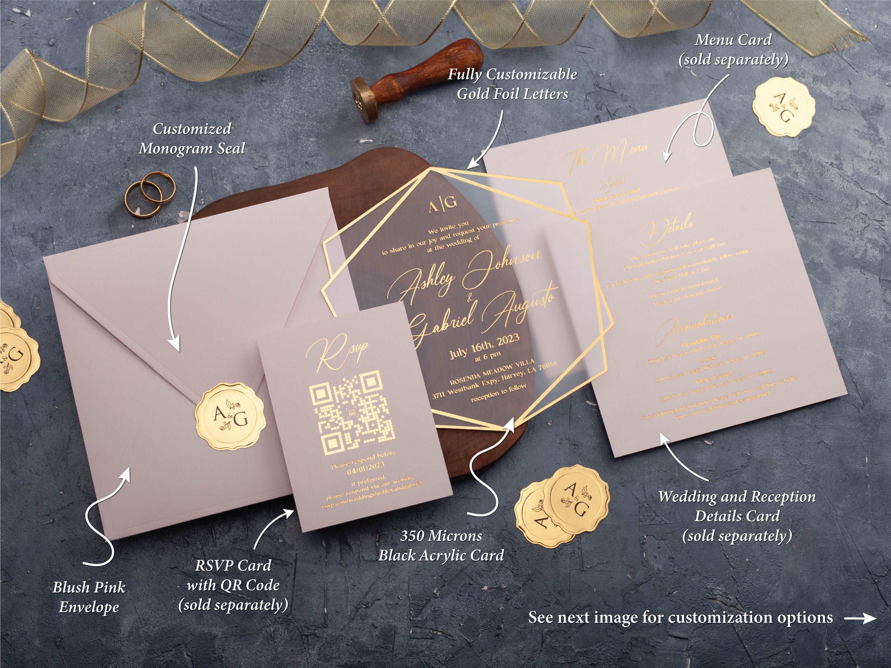 Acrylic Wedding Invitation with Blush Pink Envelope and Gold Foil