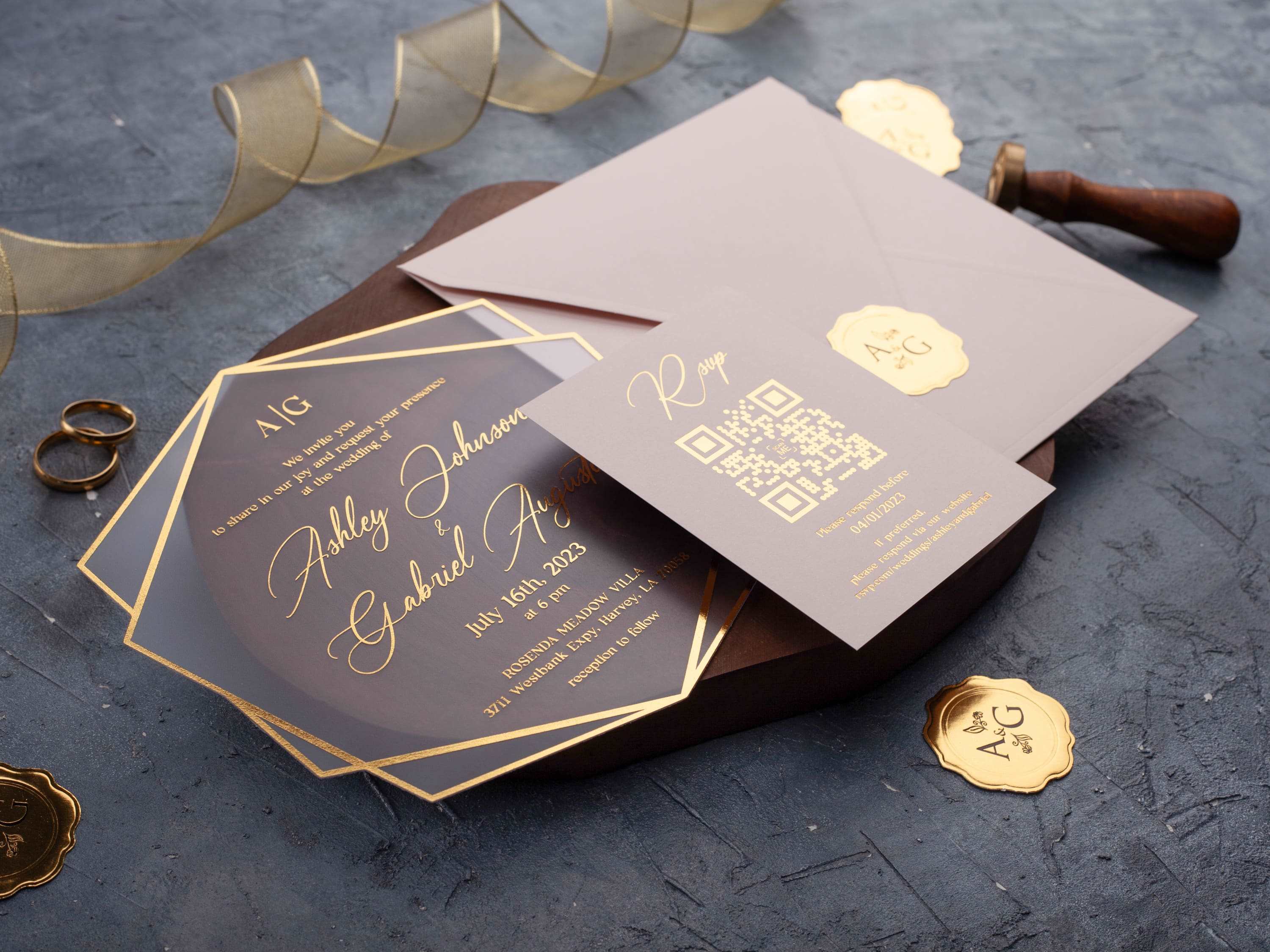 Acrylic Wedding Invitation with Blush Pink Envelope and Gold Foil