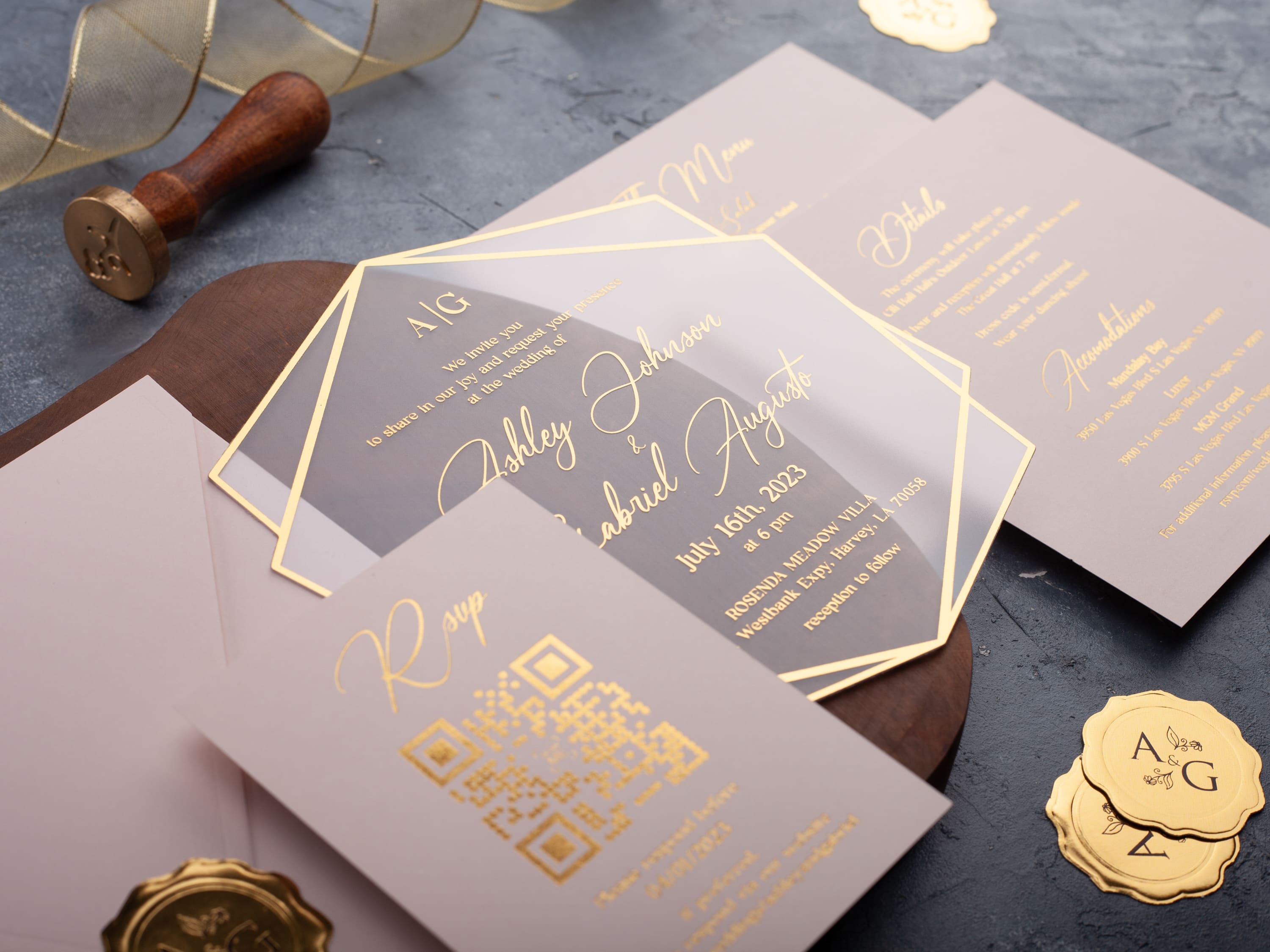 Acrylic Wedding Invitation with Blush Pink Envelope and Gold Foil