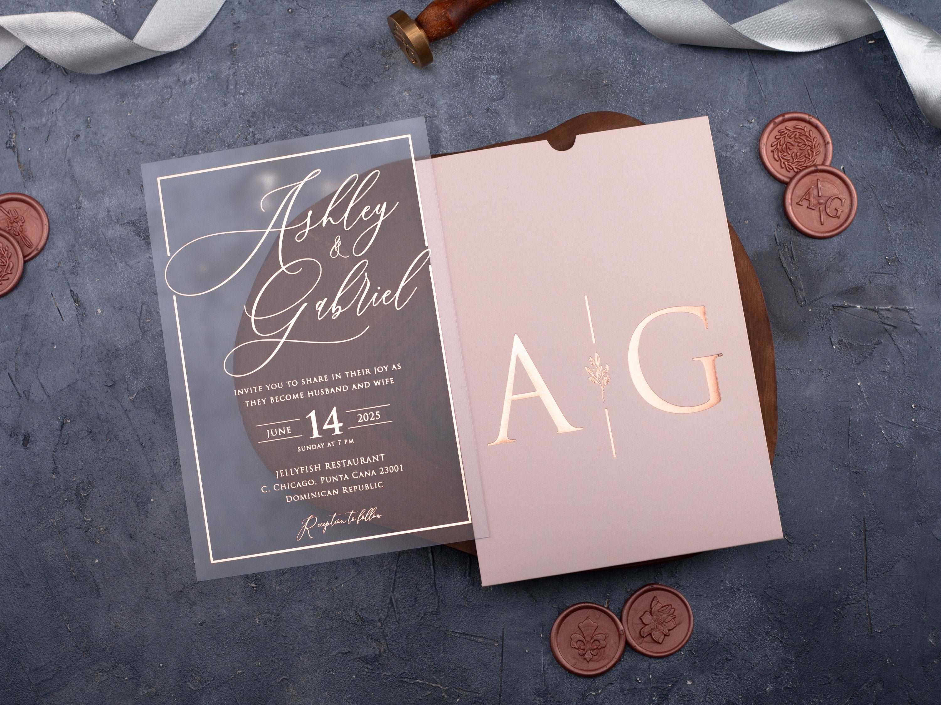 Blush Pink and Rose Gold Acrylic Wedding Invitation