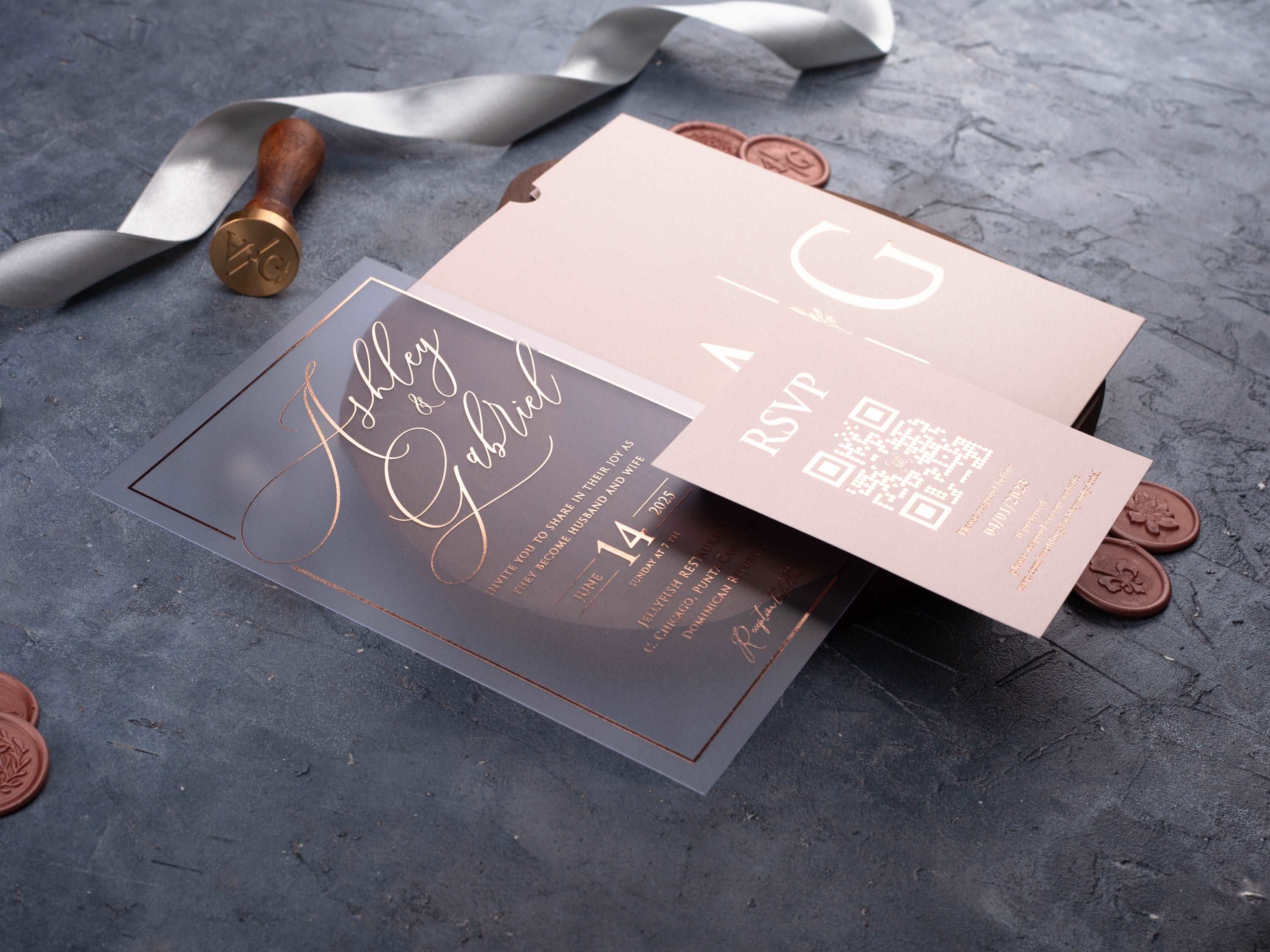 Blush Pink and Rose Gold Acrylic Wedding Invitation