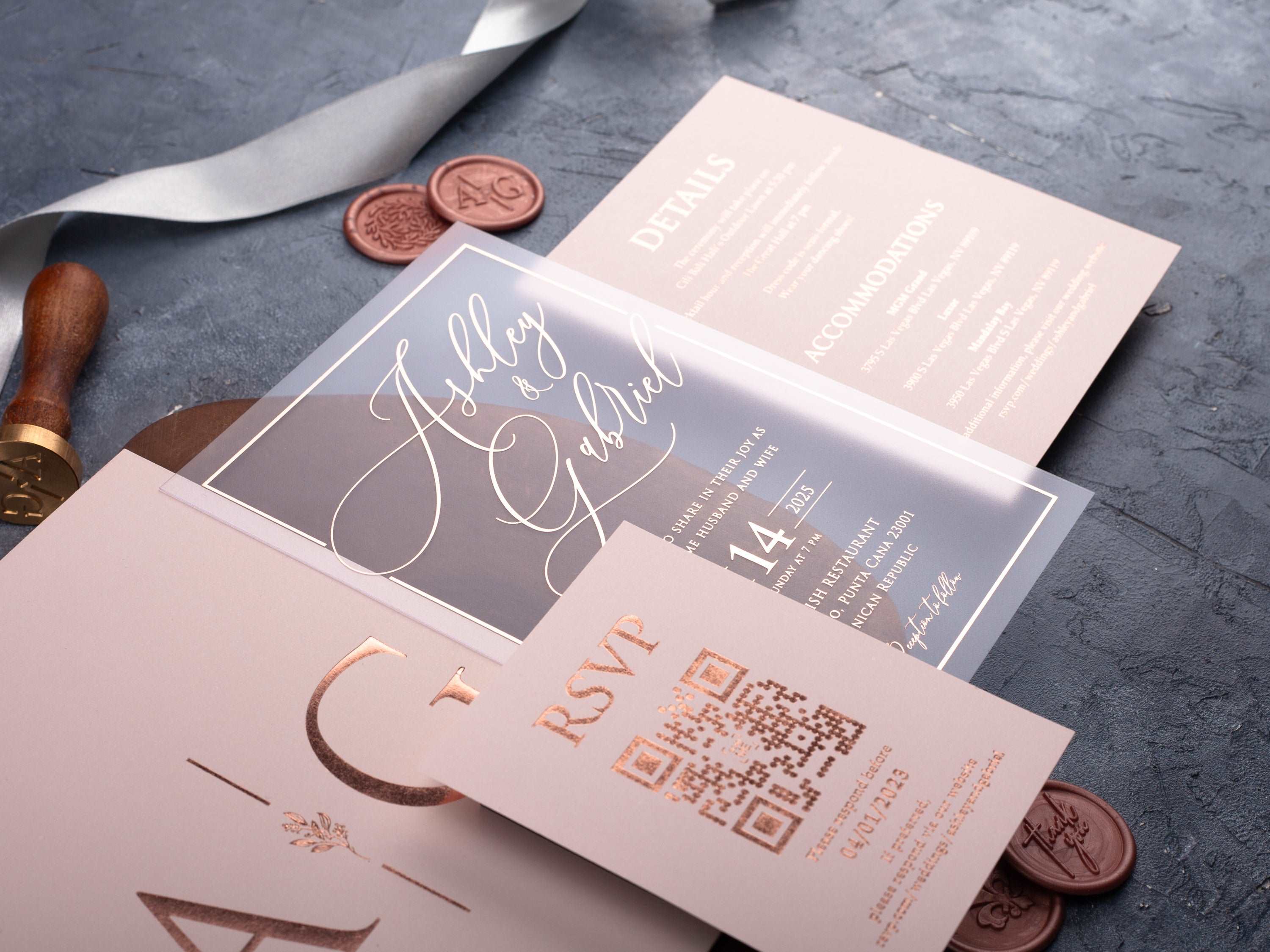 Blush Pink and Rose Gold Acrylic Wedding Invitation