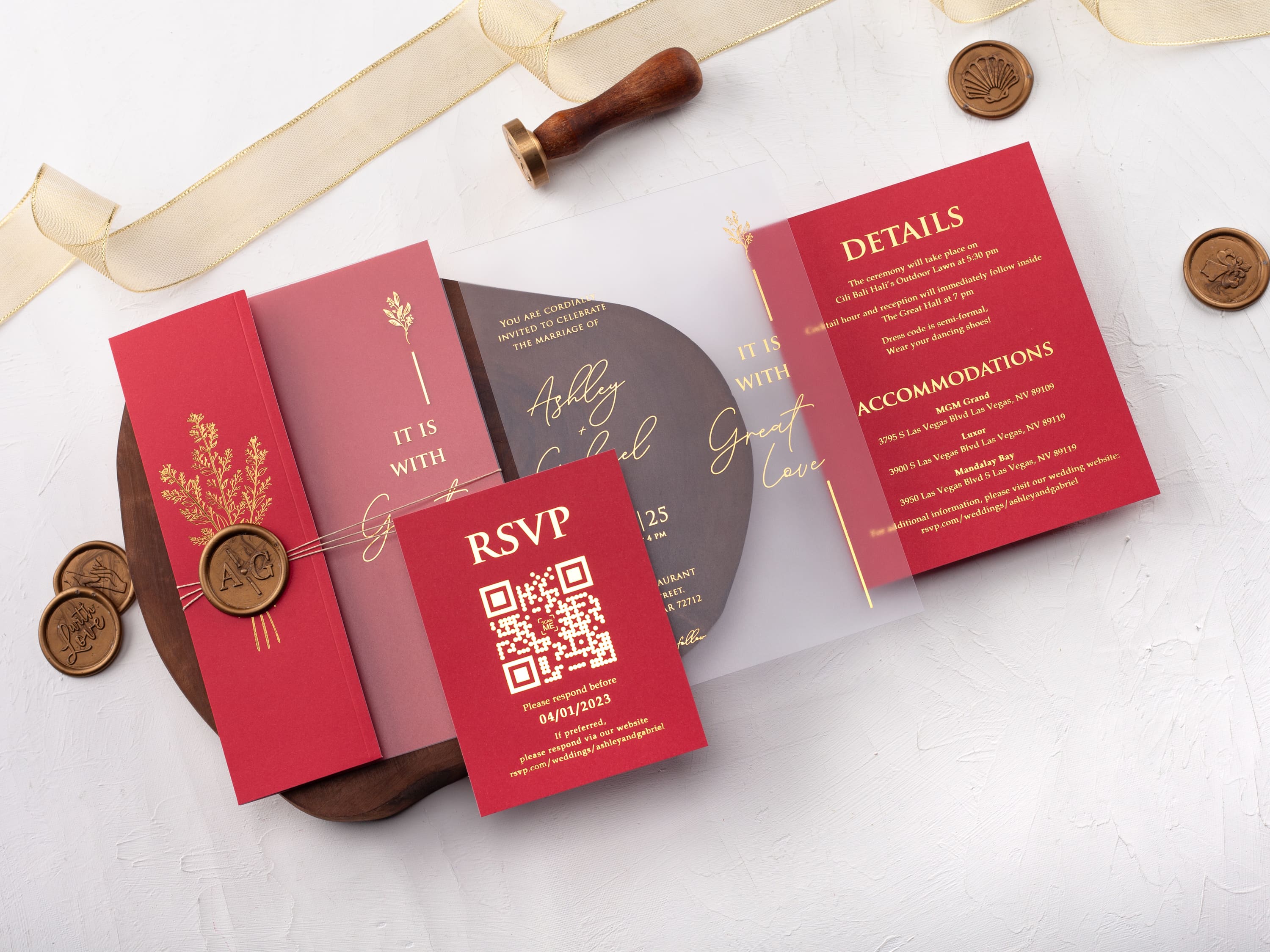 Red and Gold Acrylic Invitation with Folded Jacket