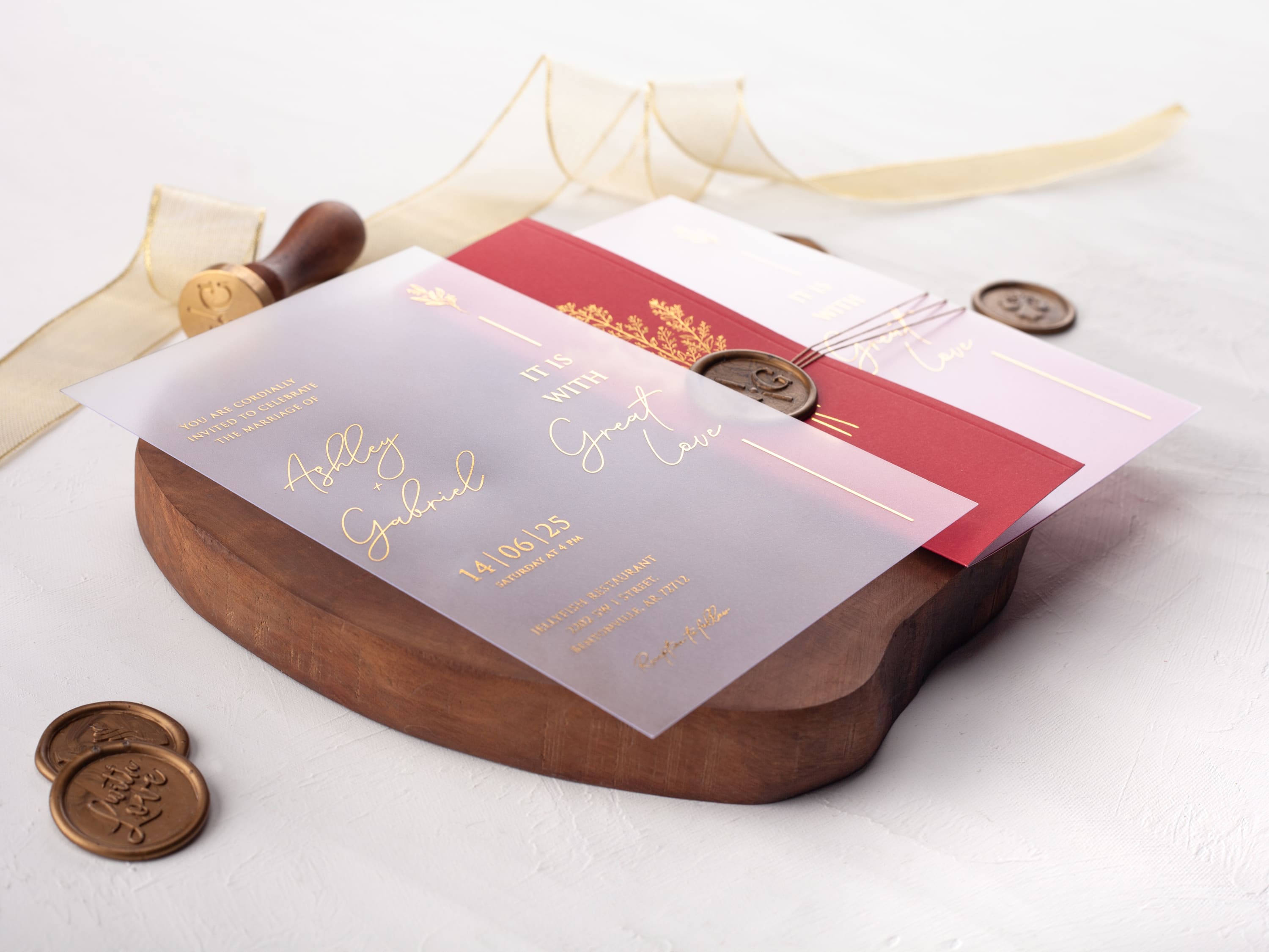 Red and Gold Acrylic Invitation with Folded Jacket