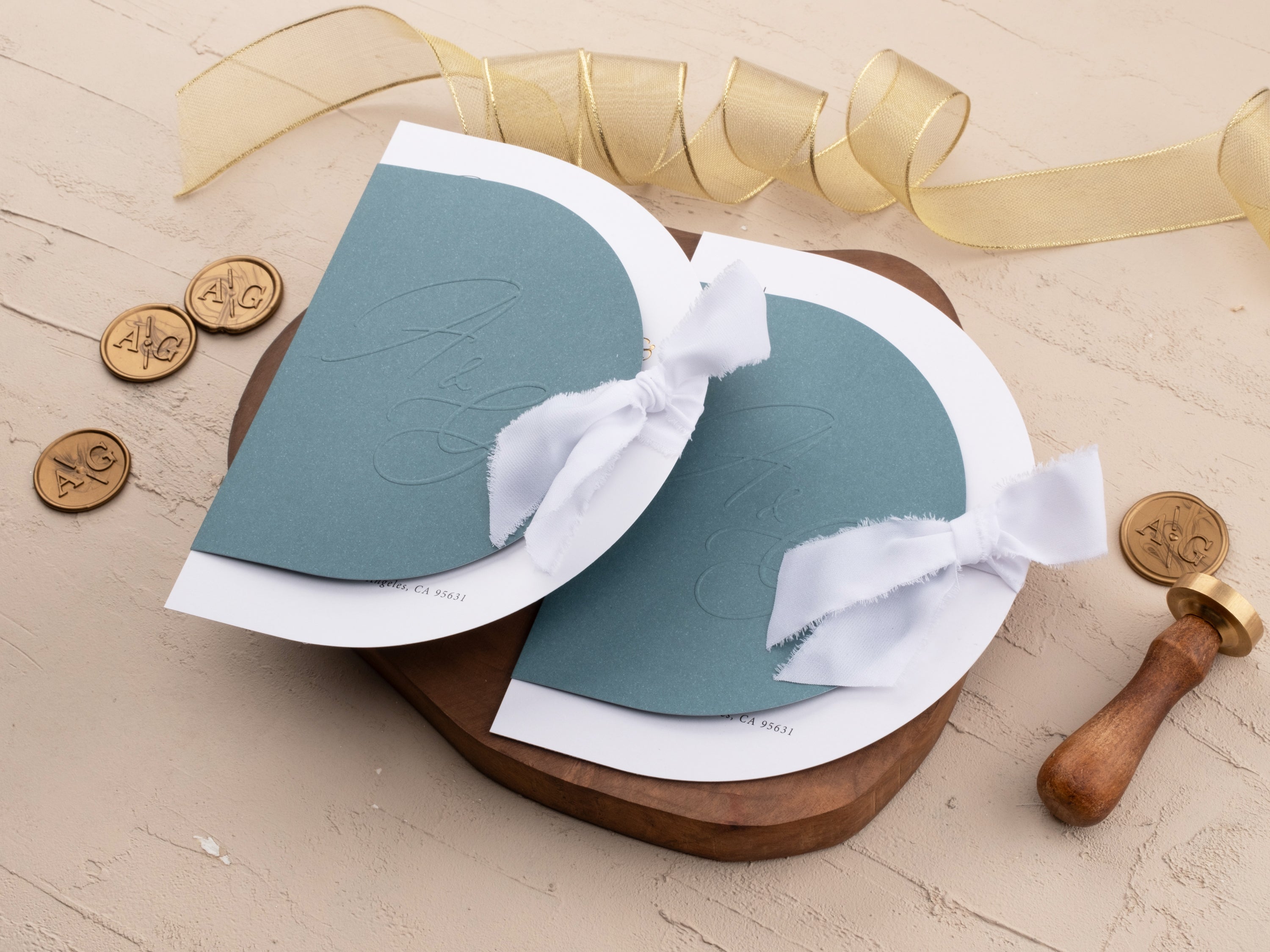 Half Circle Gold Foil Wedding Invitation with Dusty Blue Jacket