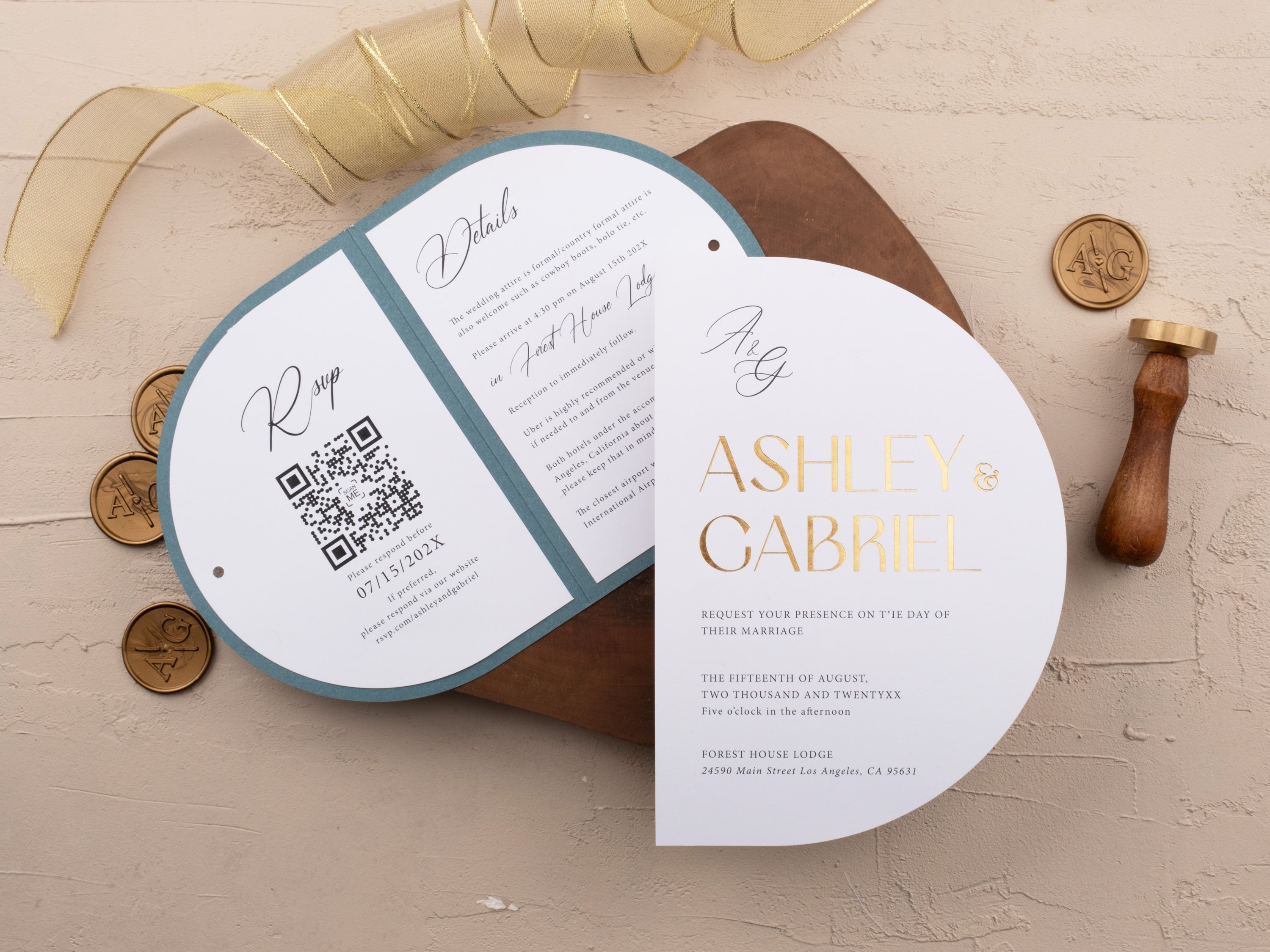 Half Circle Gold Foil Wedding Invitation with Dusty Blue Jacket