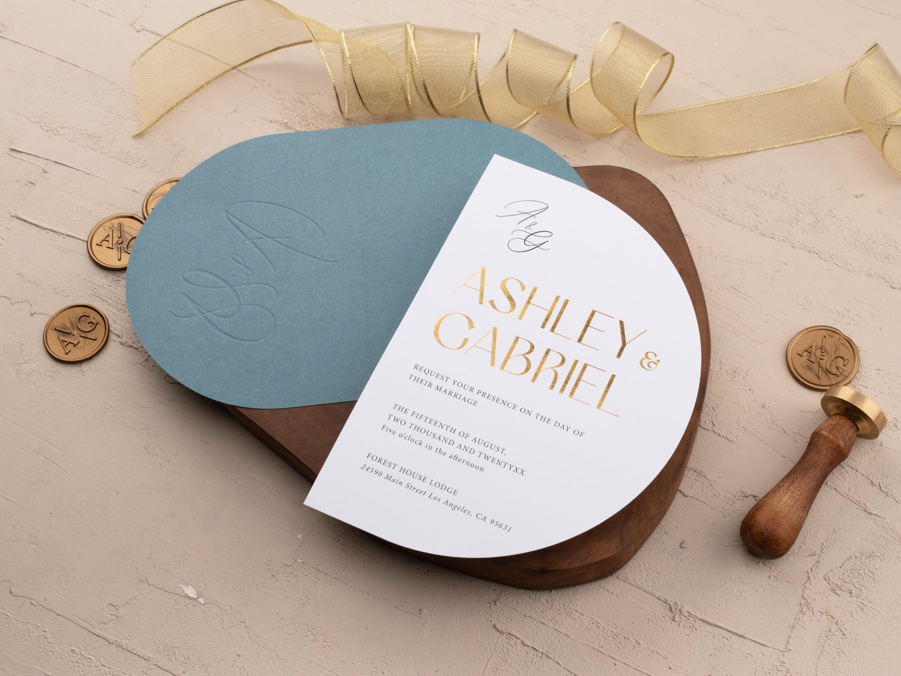 Half Circle Gold Foil Wedding Invitation with Dusty Blue Jacket