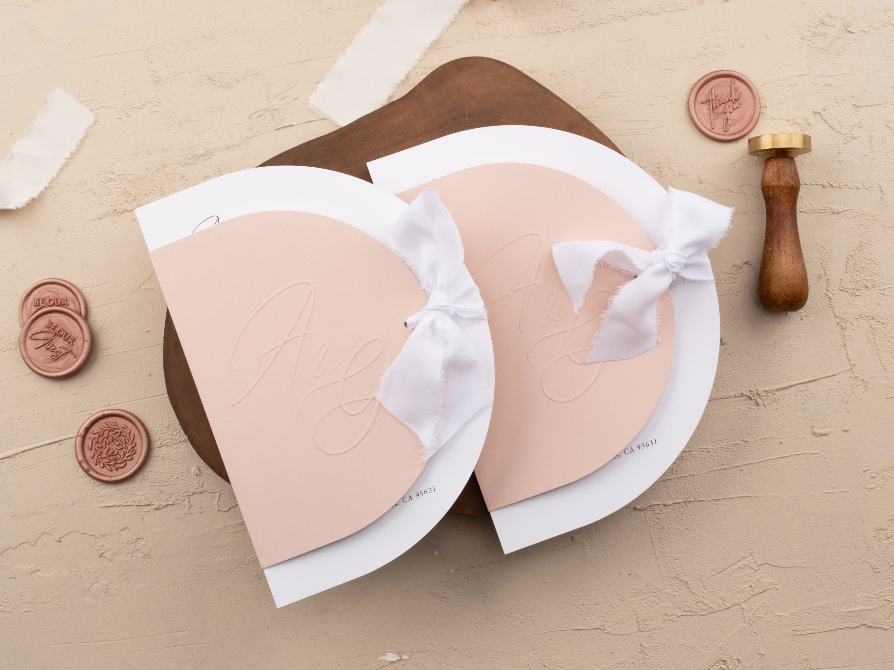 Rose Gold Foil Wedding Invitation with Half Circle Folded Blush Pink Jacket