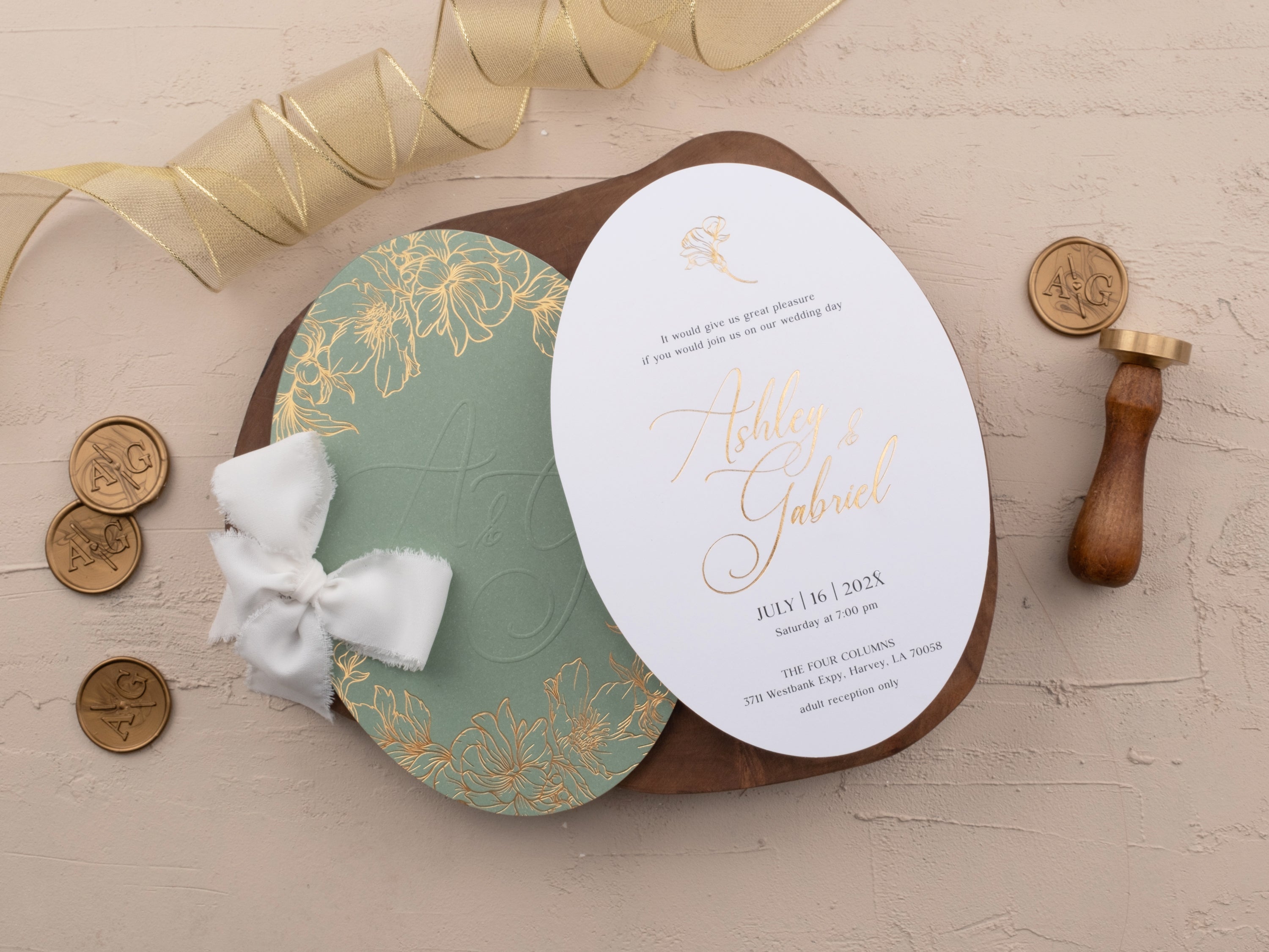 Sage Green & Gold Wedding Invitation with Floral Foil Design