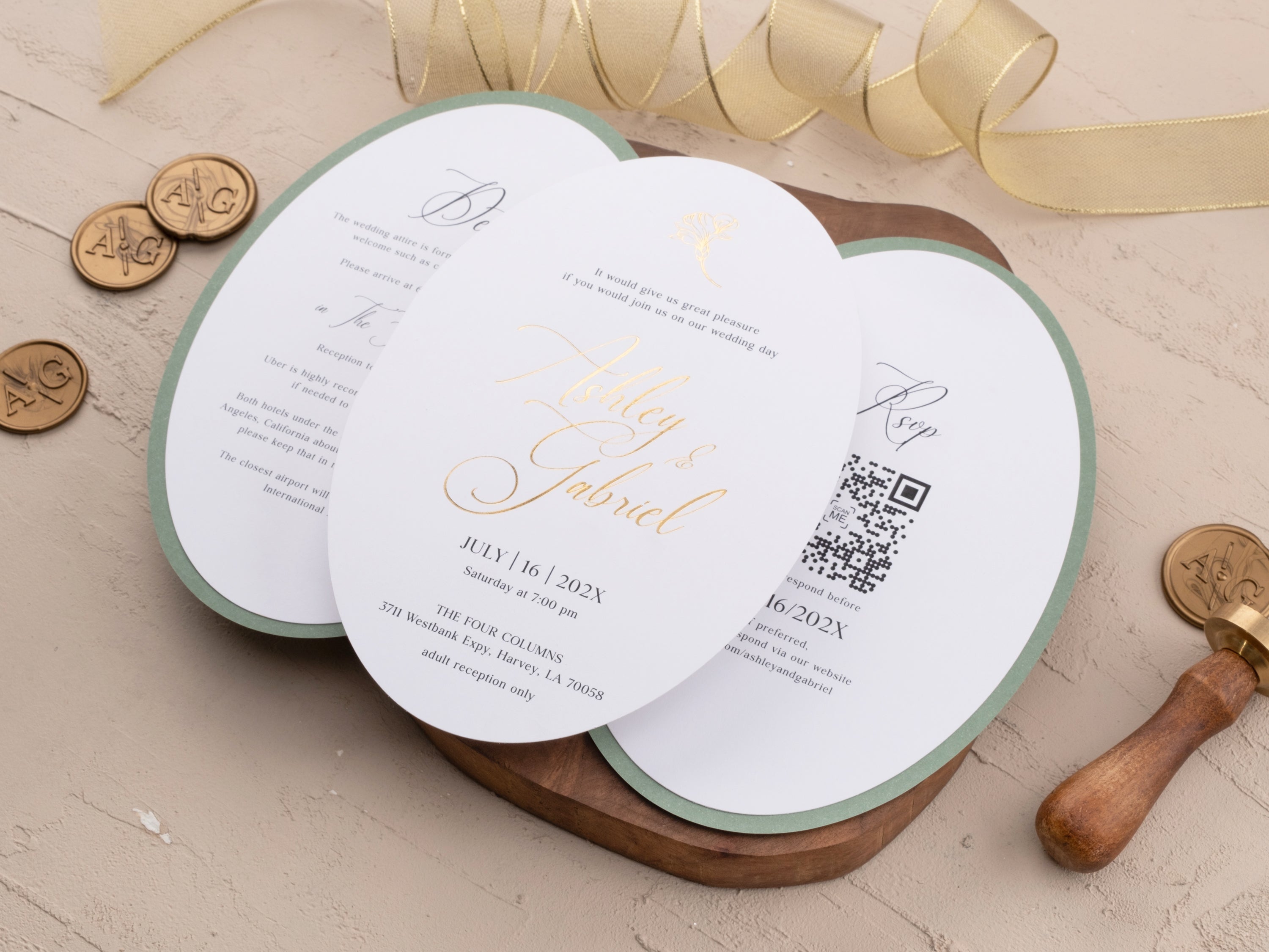 Sage Green & Gold Wedding Invitation with Floral Foil Design