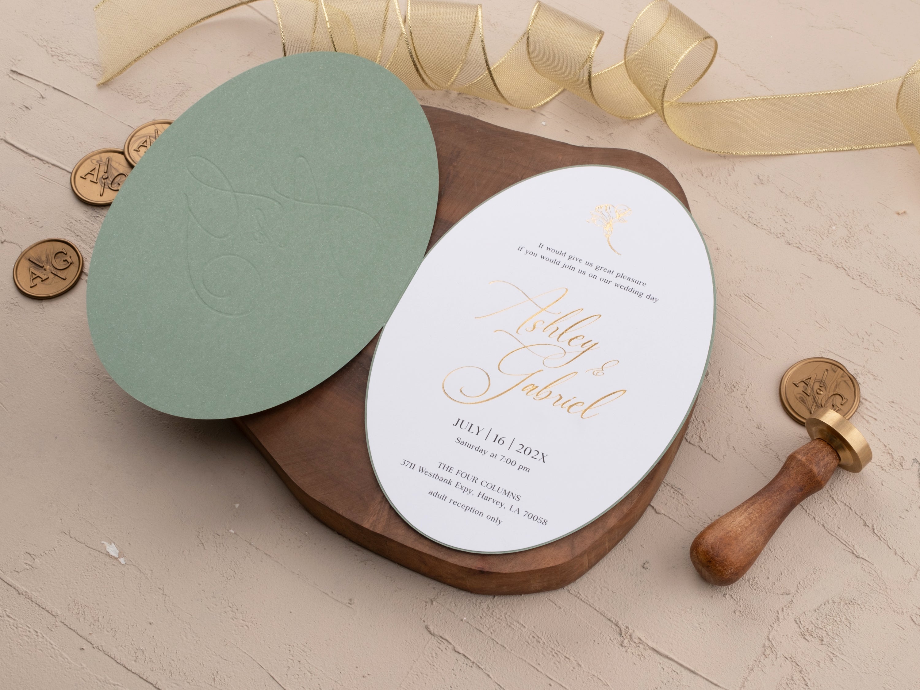 Sage Green & Gold Wedding Invitation with Floral Foil Design