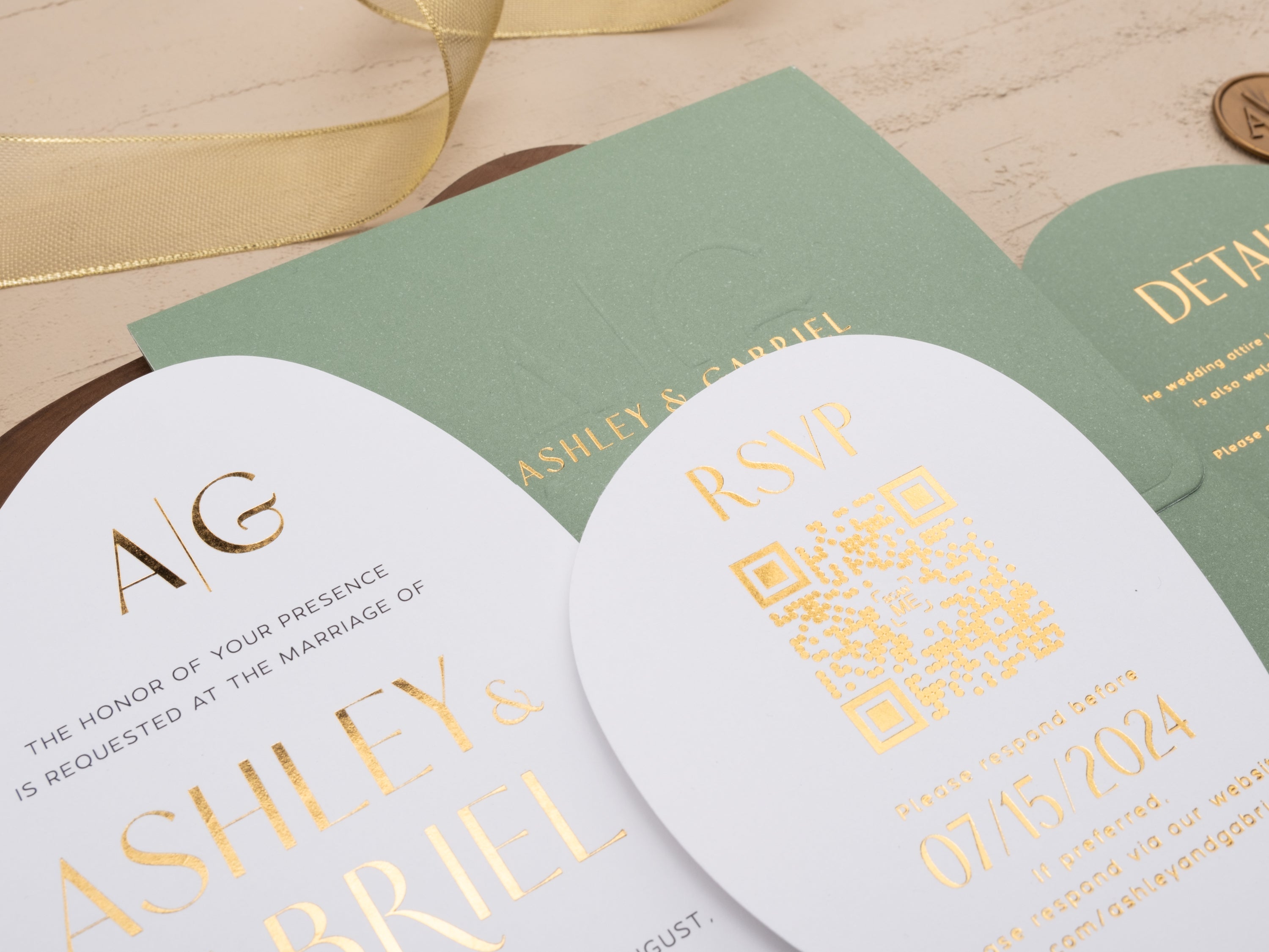 Sage Green and Gold Modern Shape Wedding Invitation