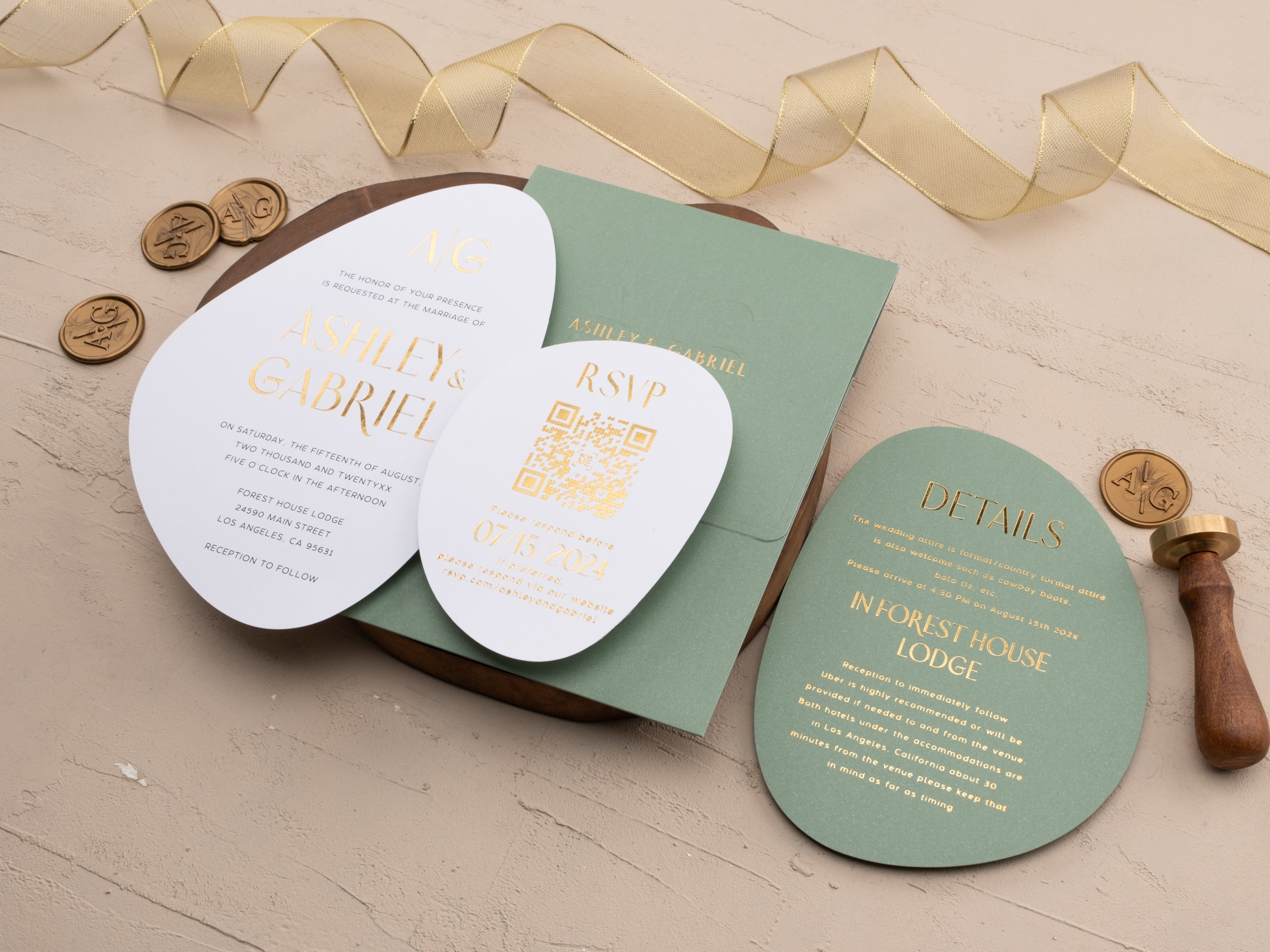 Sage Green and Gold Modern Shape Wedding Invitation