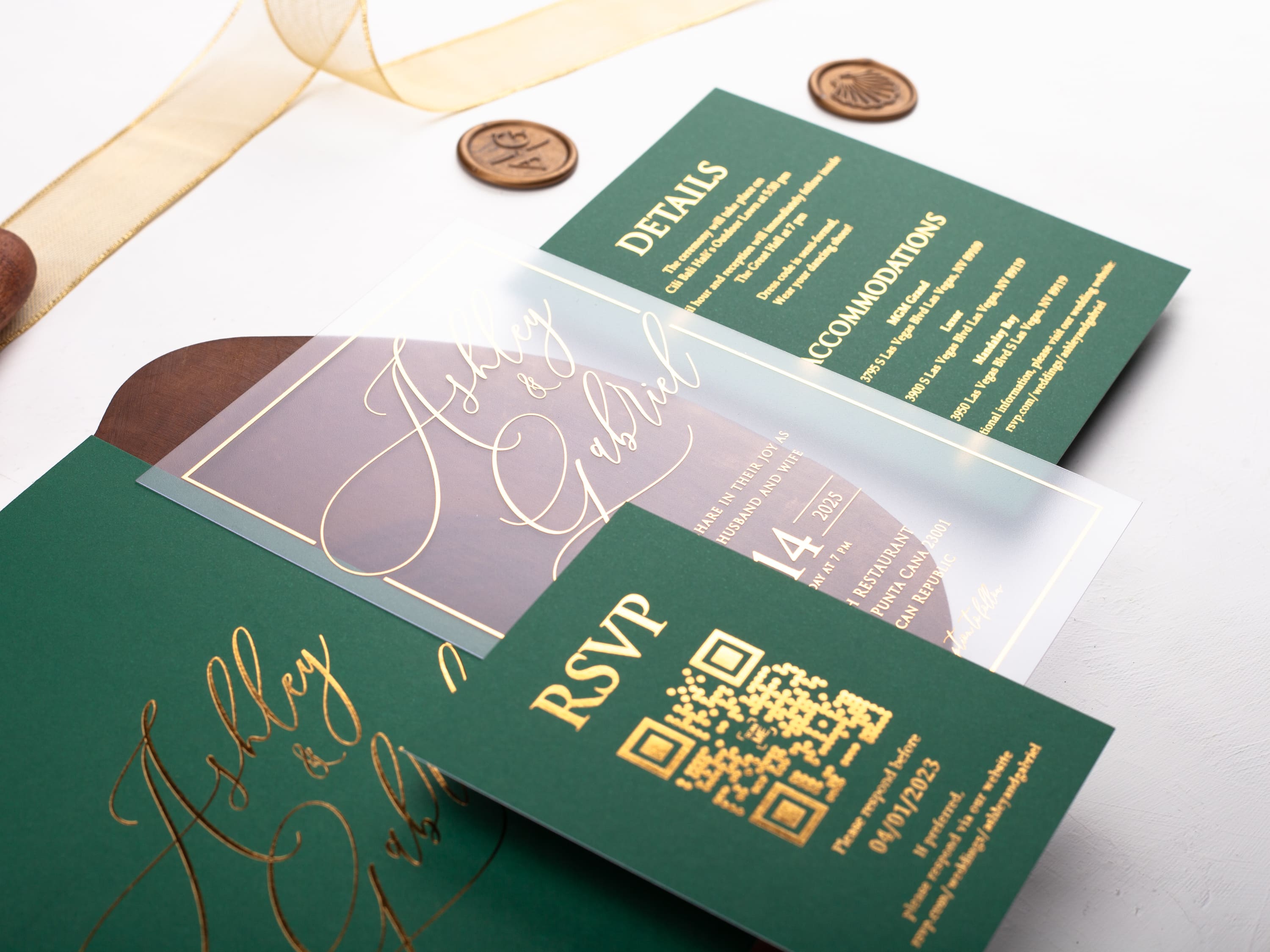 Emerald Green Acrylic Wedding Invitation with Gold Foil Print