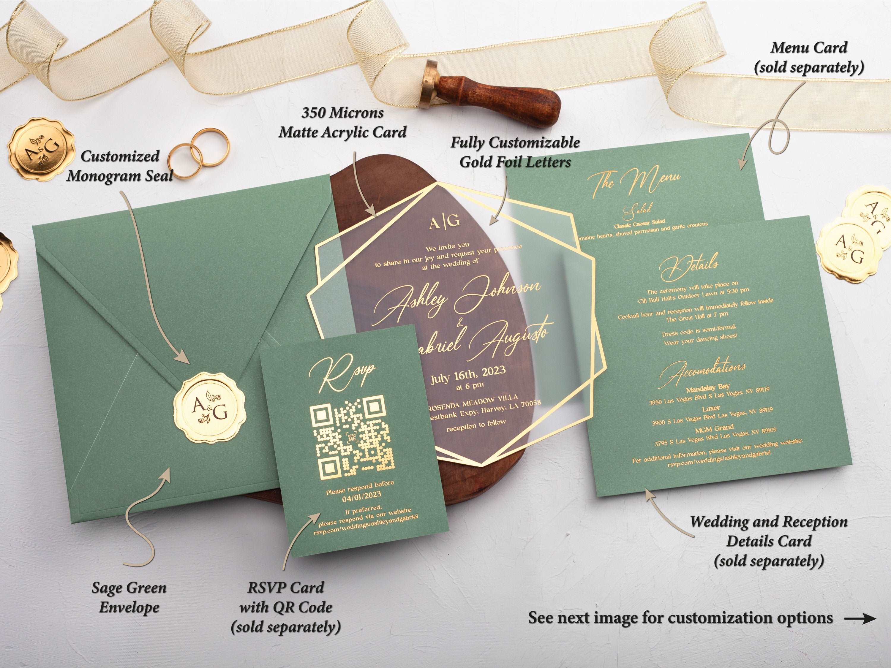 Acrylic Wedding Invitation with Sage Green and Gold Foil
