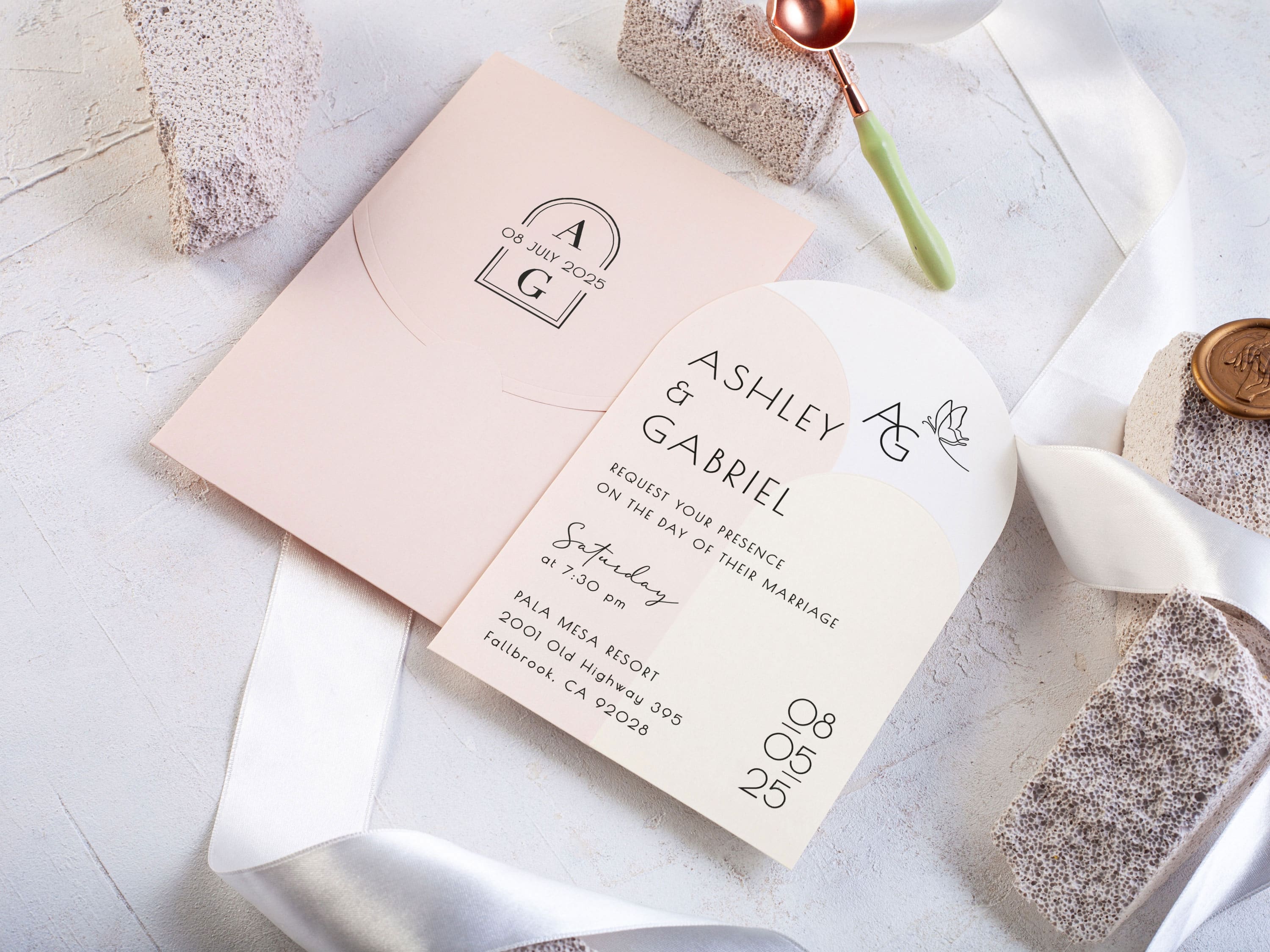 Simple Arch Wedding Invitation with Pink Envelope