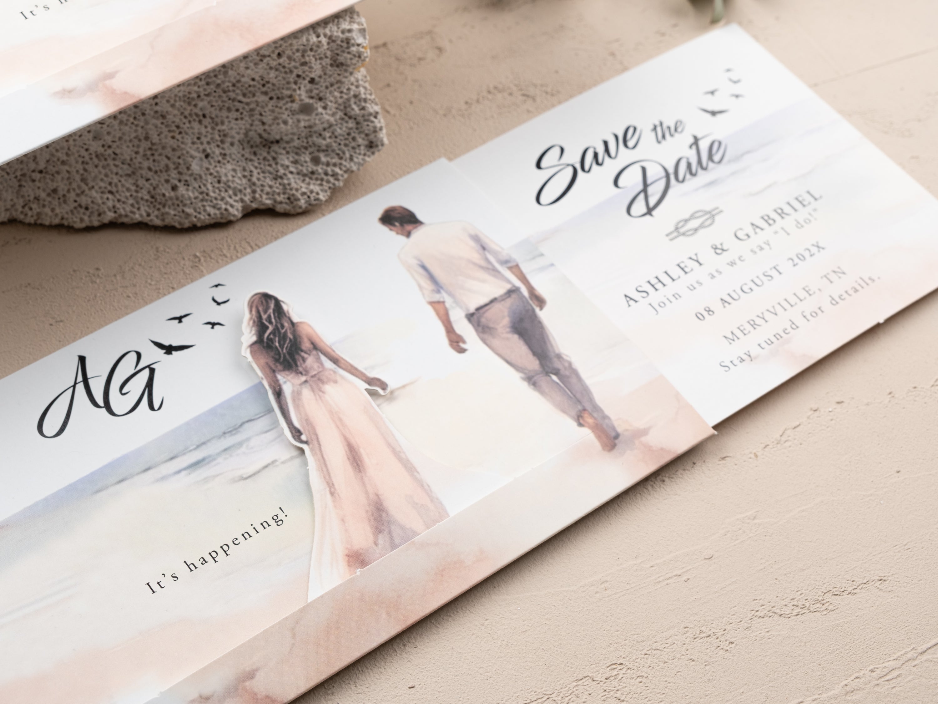 Romantic watercolor beach save the date card with illustrated bride and groom and sliding reveal design.