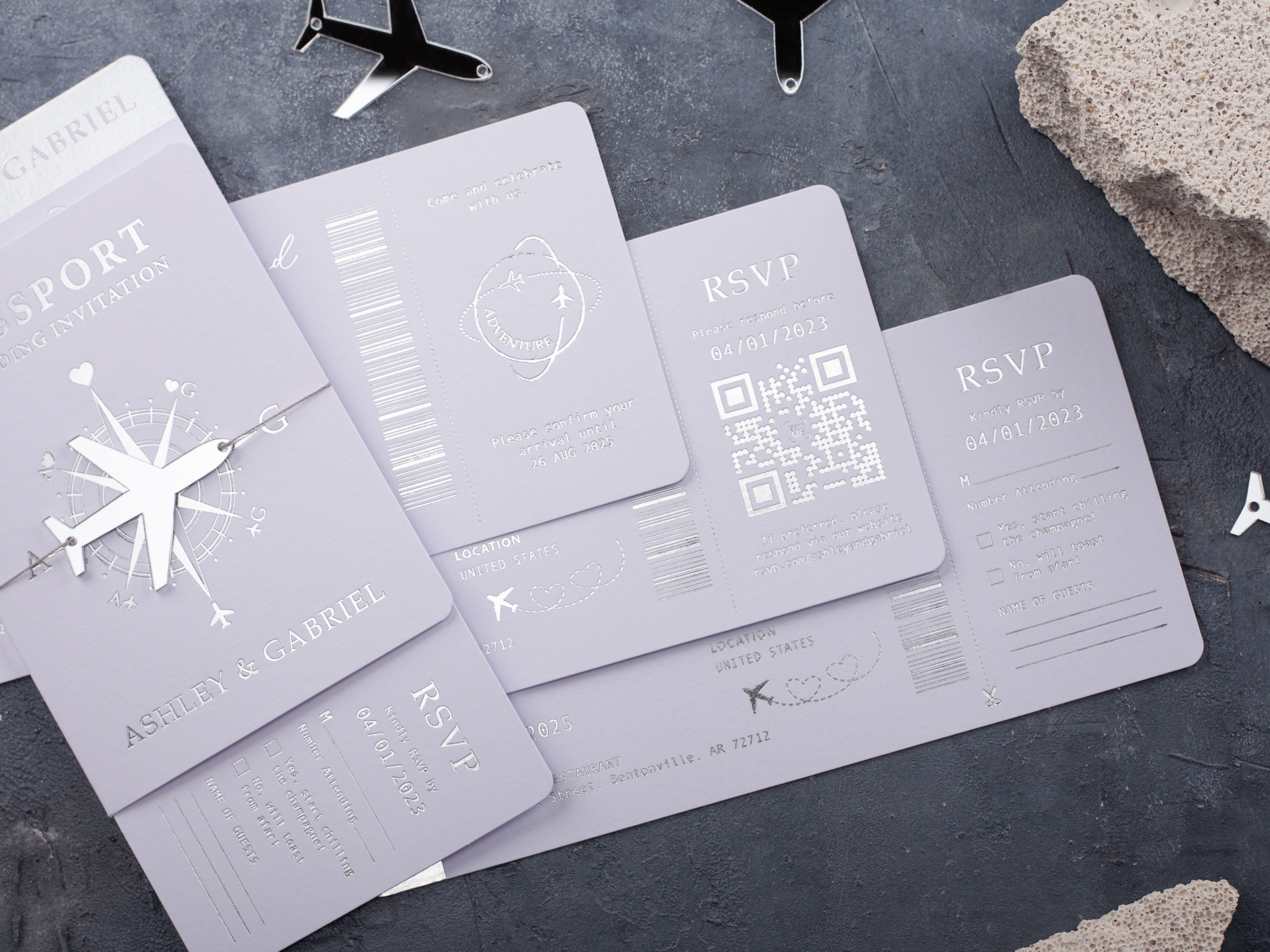 White Boarding Pass Wedding Invitation with Silver Foil