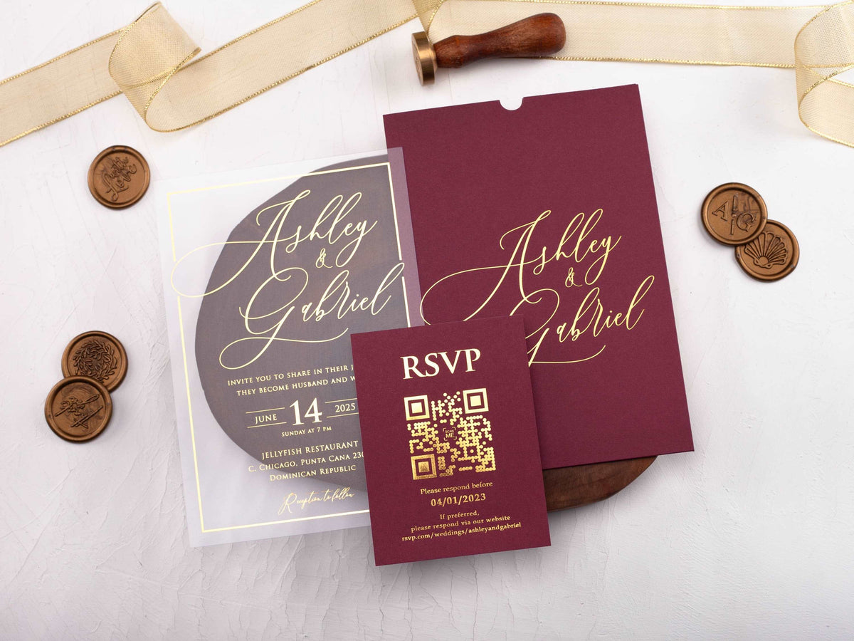 Burgundy sleeve wedding invitation with clear acrylic and gold foil