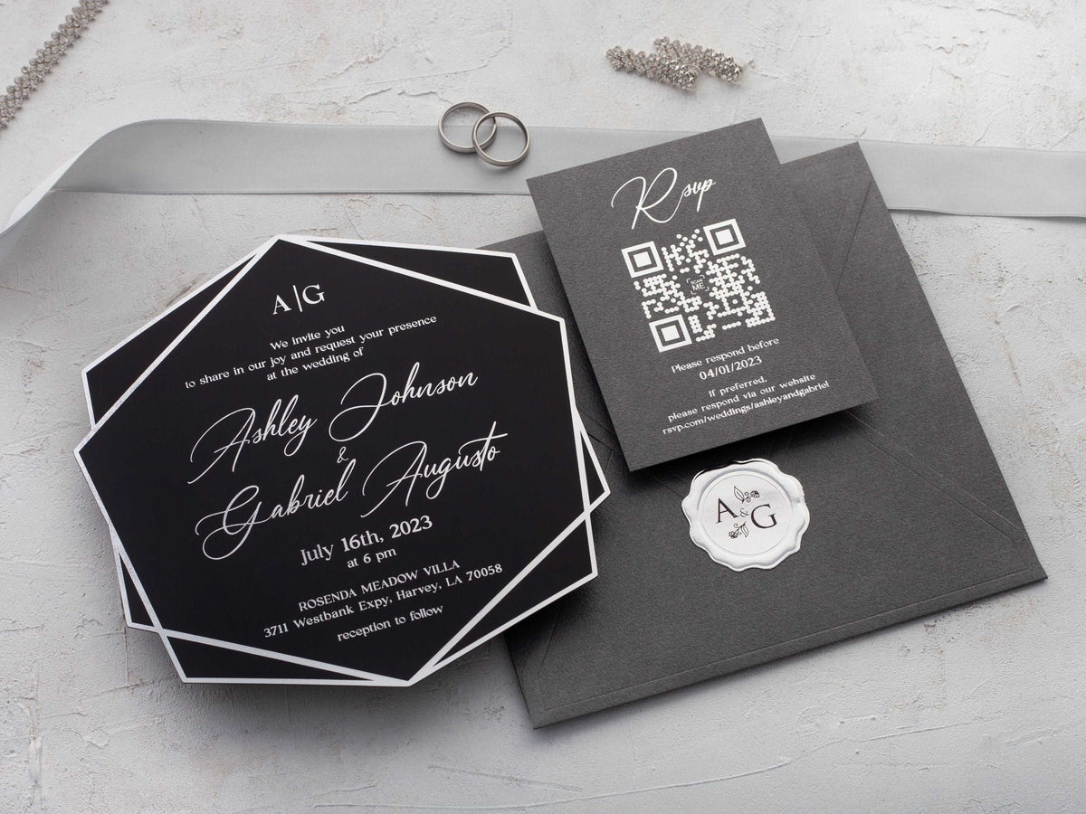 Black and silver acrylic wedding invitation with a geometric layout