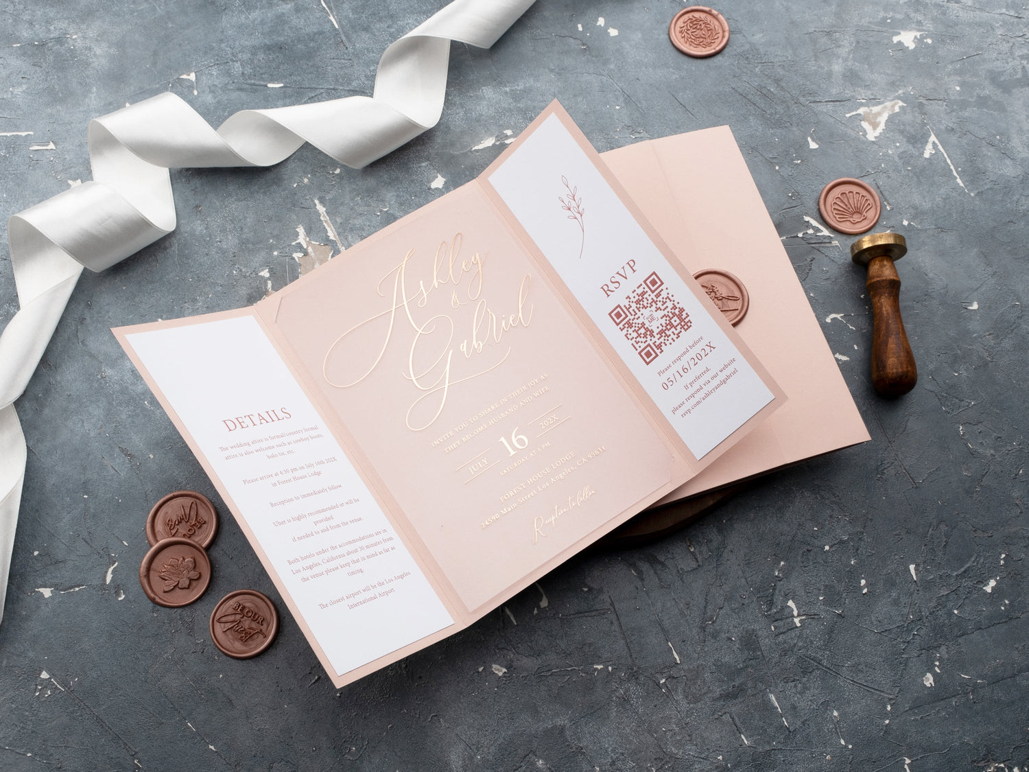 Blush pink and rose gold foil acrylic wedding invitation with gatefold jacket