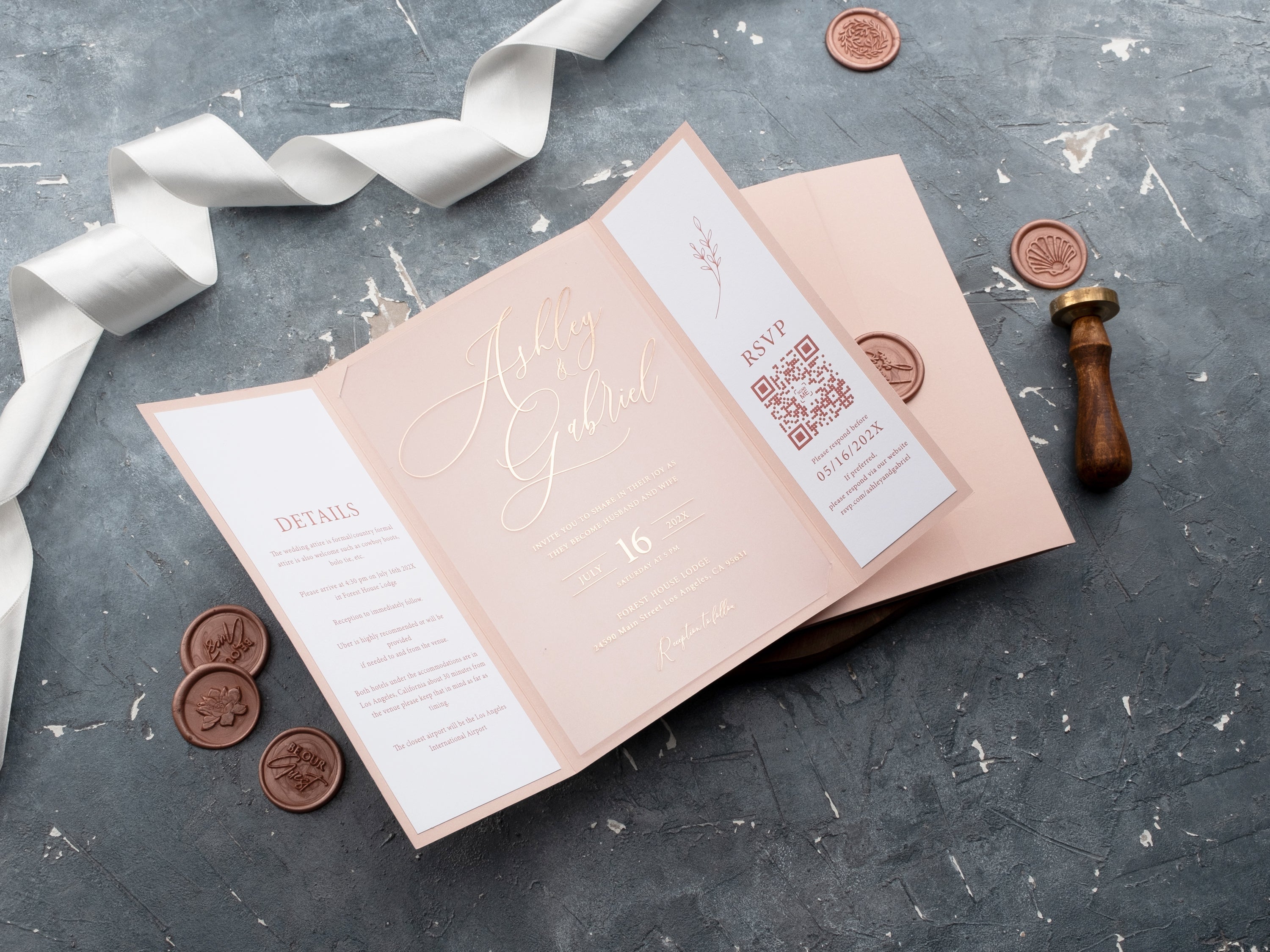 Blush pink and rose gold foil acrylic wedding invitation with gatefold jacket