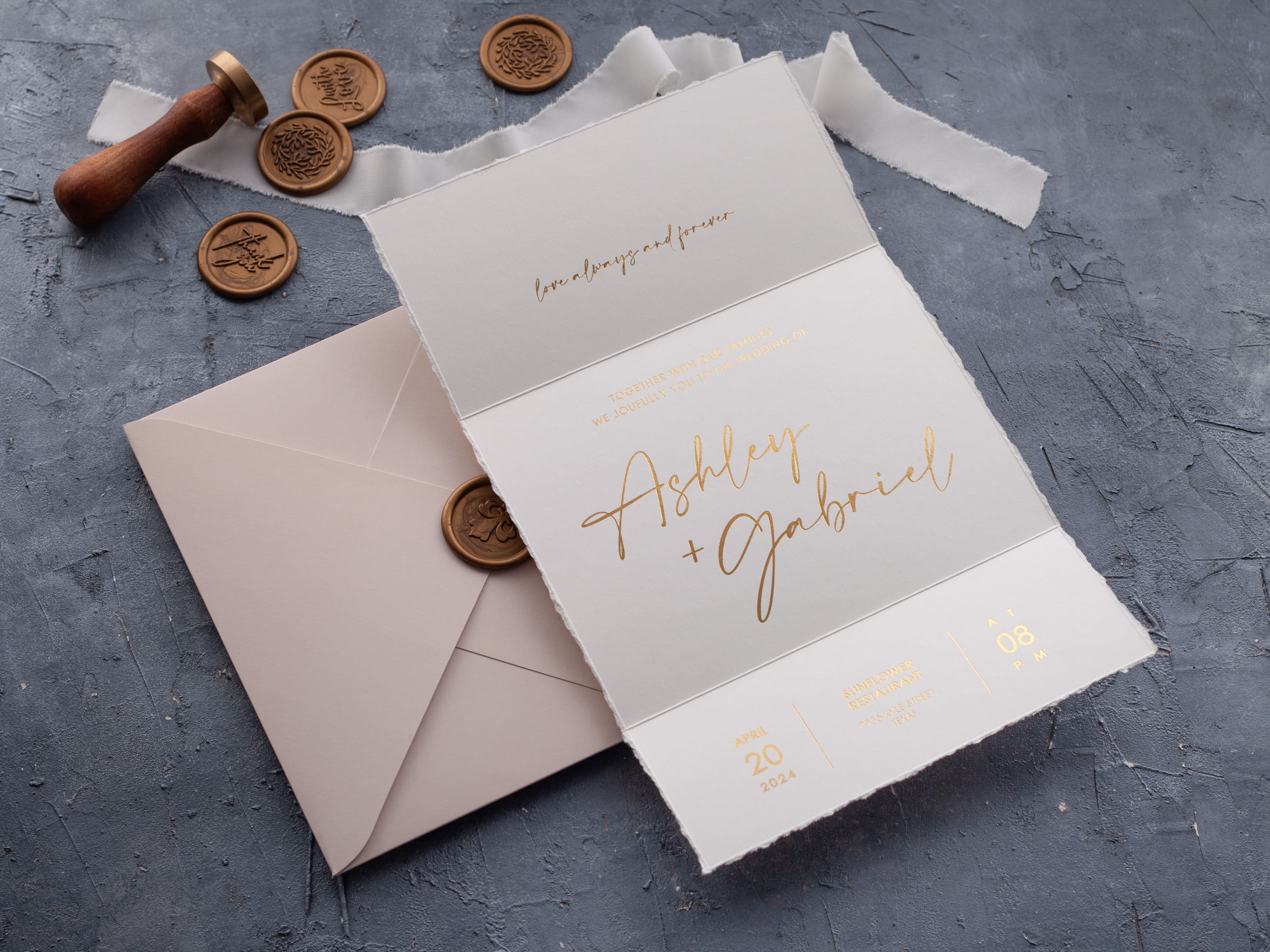 Deckled edge trifold wedding invitation with gold foil wording