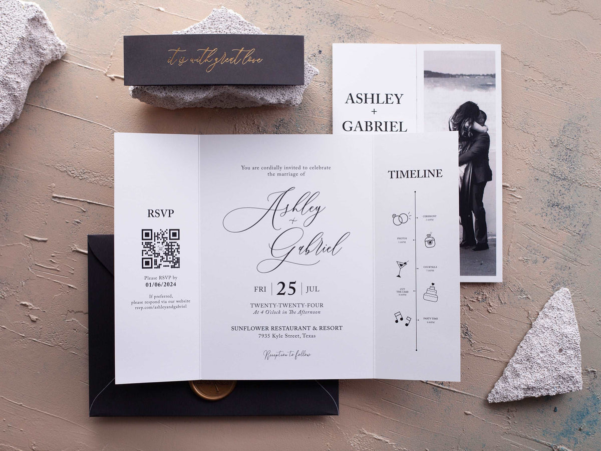 Folded wedding invitation with a photo and timeline panel