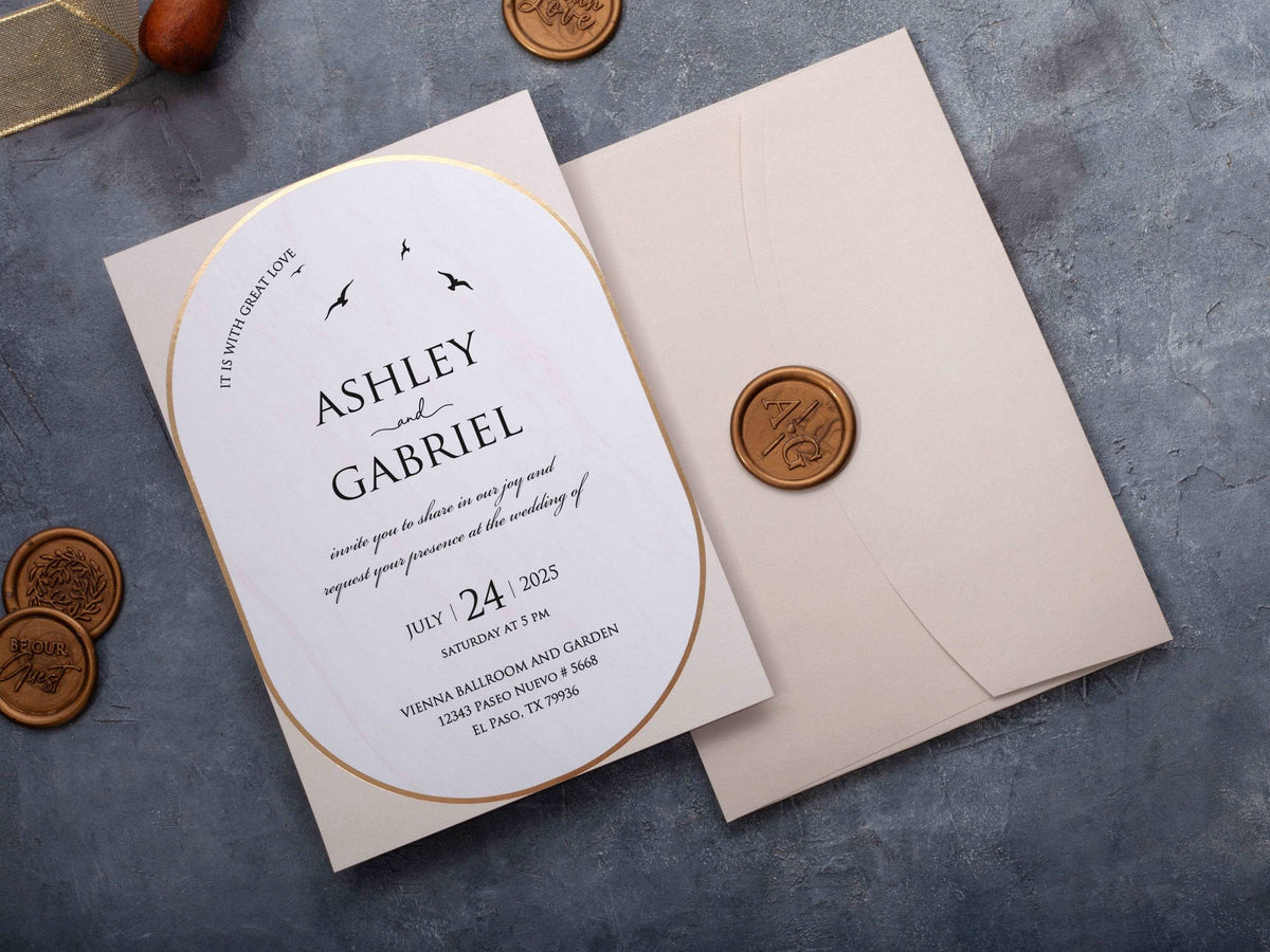 Modern pink wedding invitation with a clean layout and gold frame
