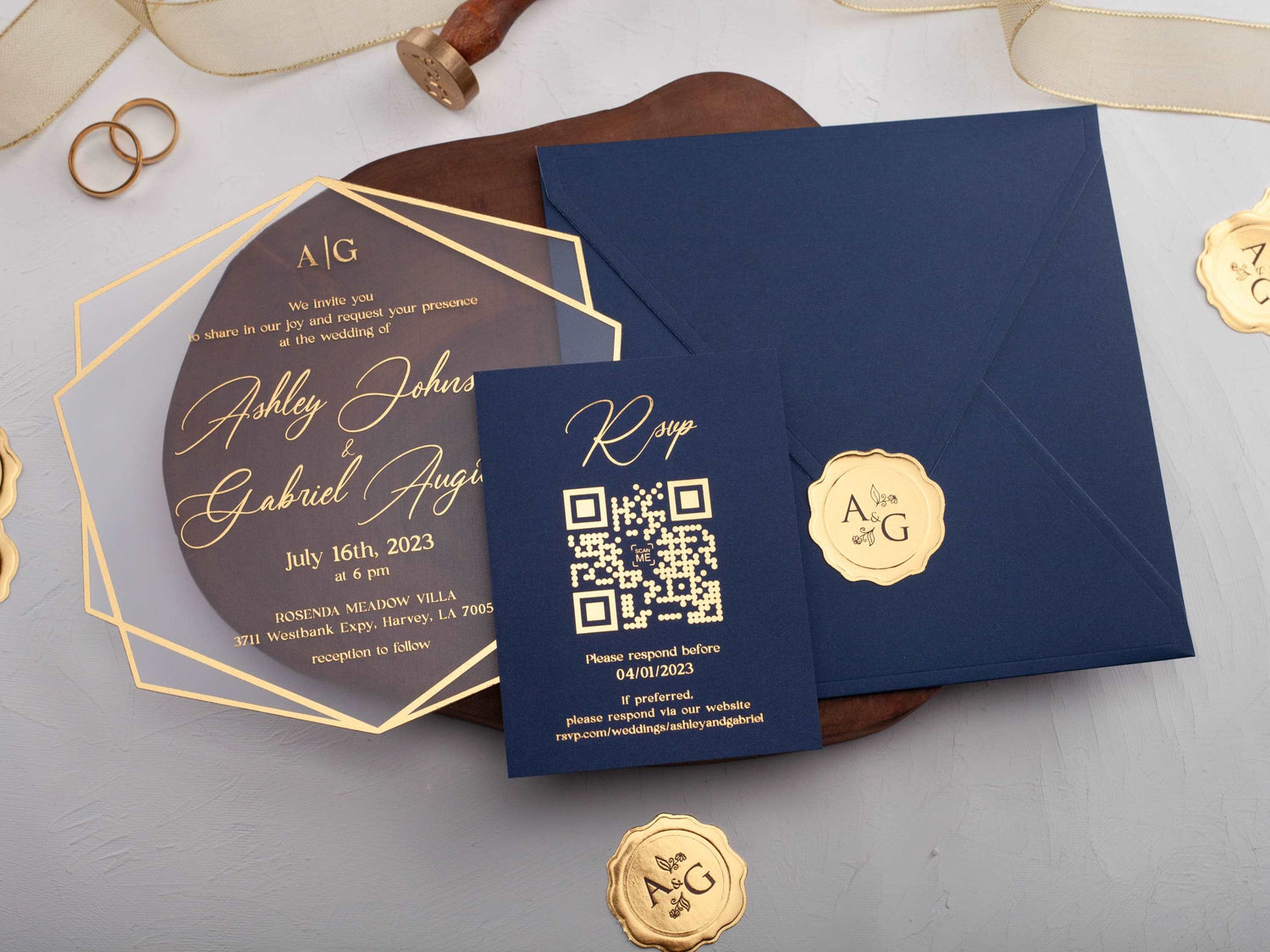 Navy blue and gold acrylic wedding invitation