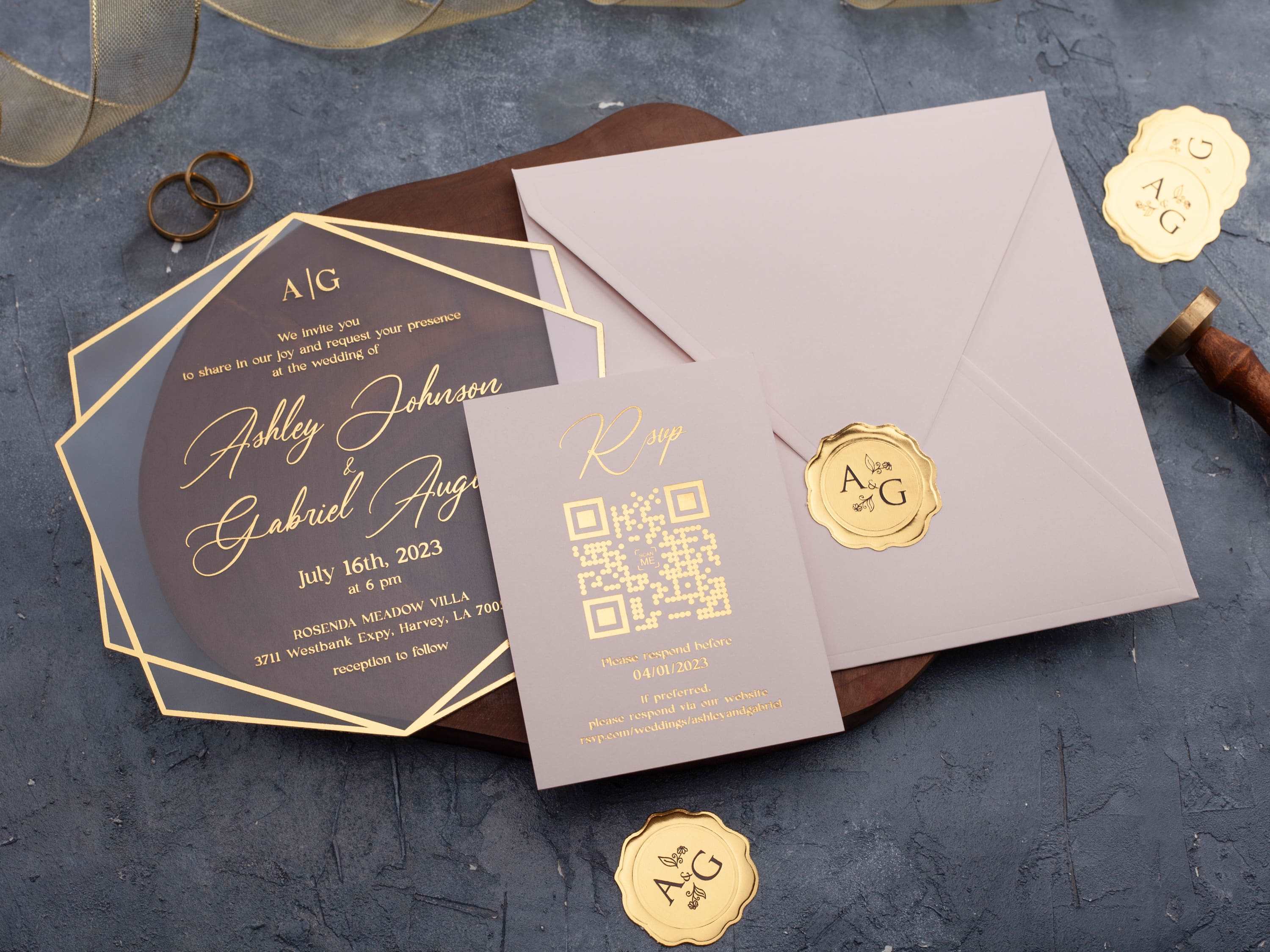 Blush pink acrylic wedding invitation with gold foil