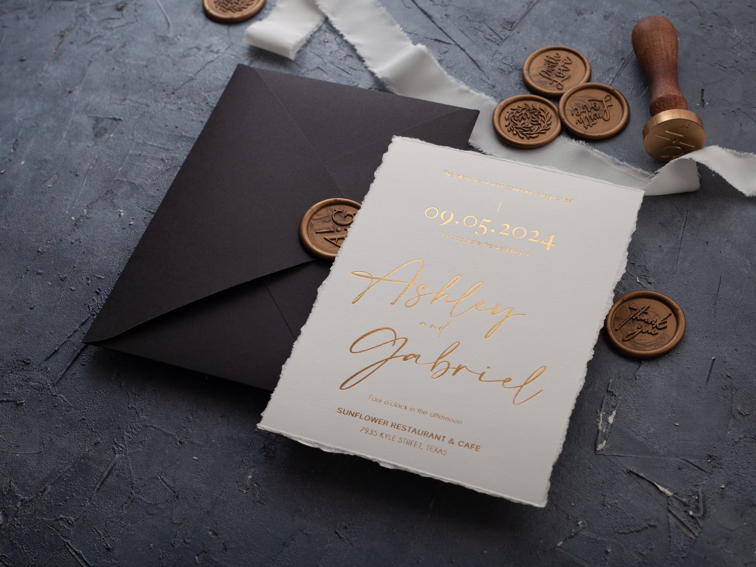 Gold Foil Printed and Deckled Edge Wedding Invitation Card with Black Envelope