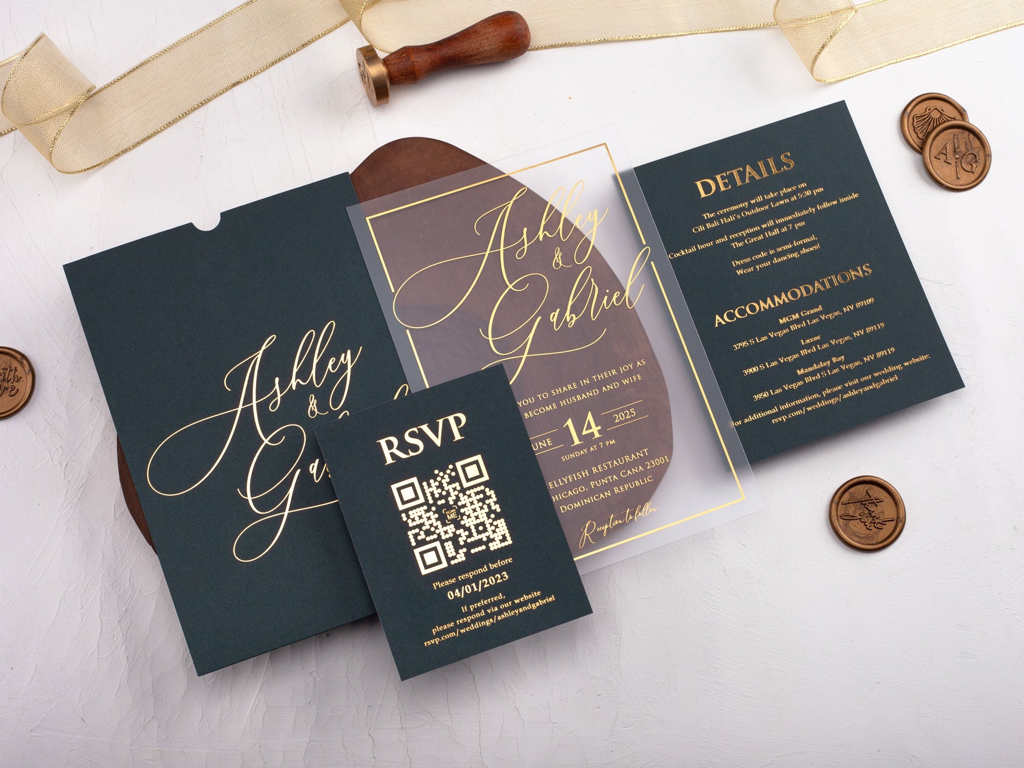 Dark Green and Gold Wedding Invitations
