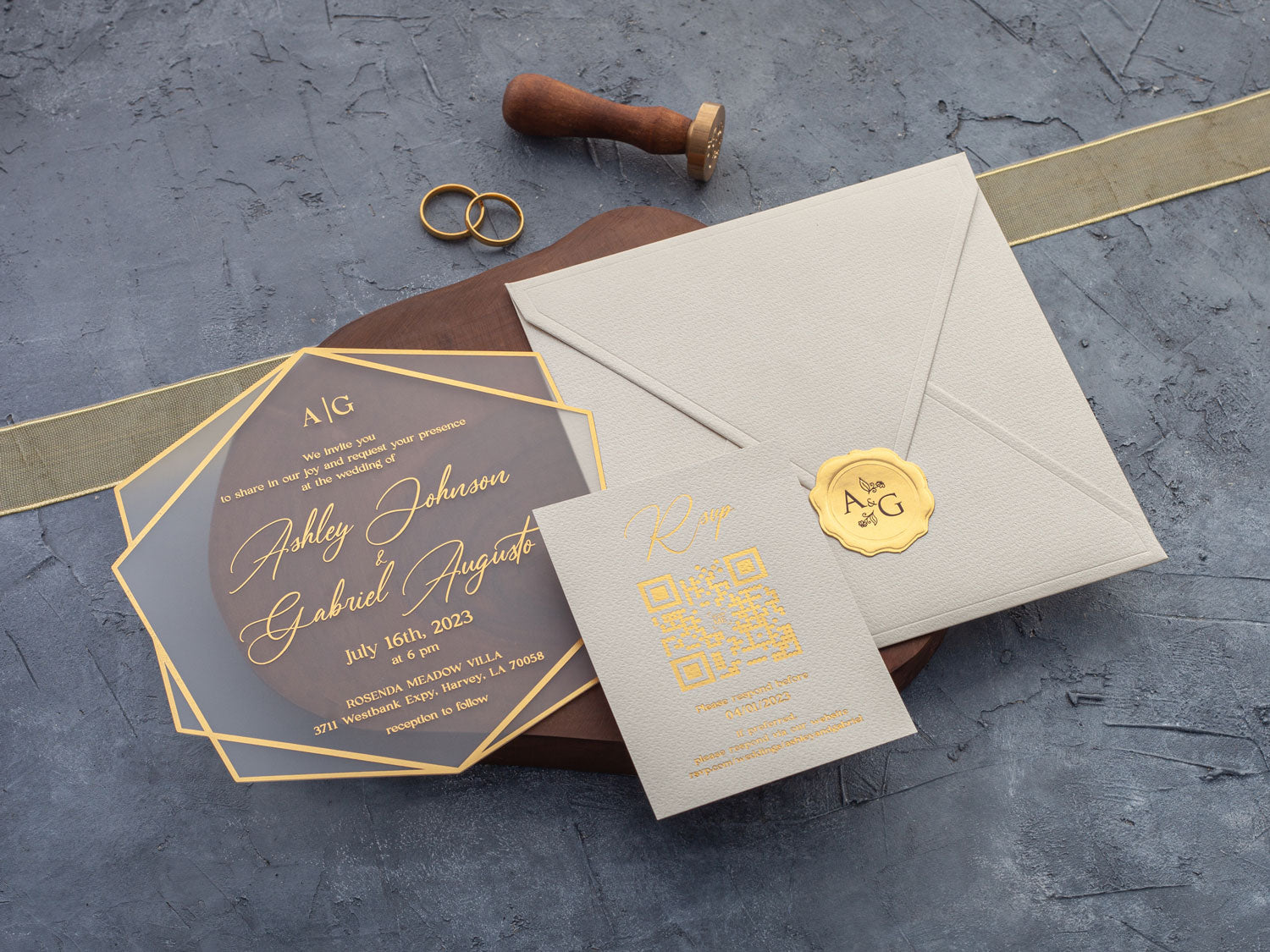 Matte acrylic wedding invitation with gold foil text