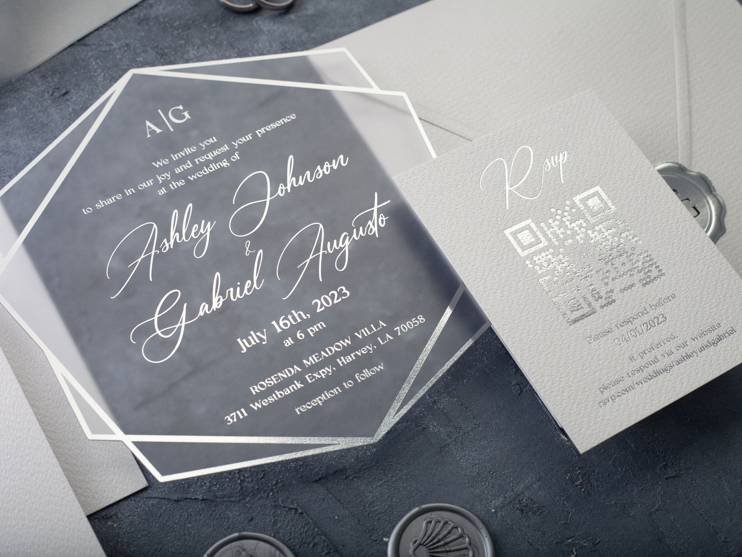 Custom silver foil printed wedding invitation on white paper