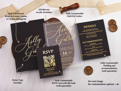 Gold Foil Printed Acrylic Invitation with Black Sleeve Envelope