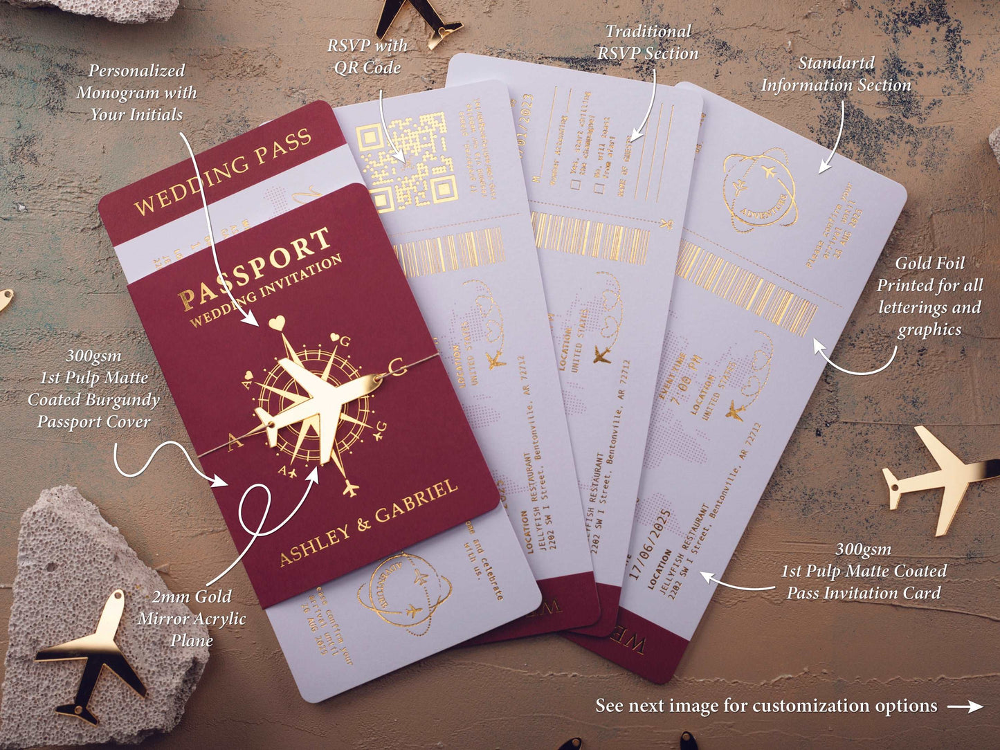 Burgundy Boarding Pass Wedding Invitation with Gold Foil