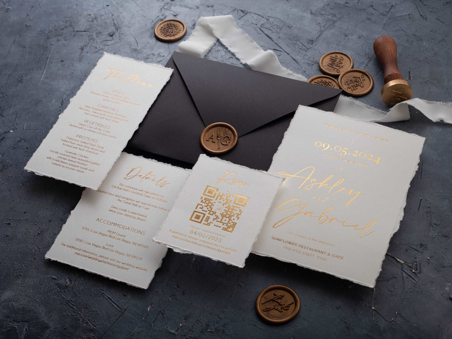 Deckled Edge and Gold Foil Printed Wedding Invite