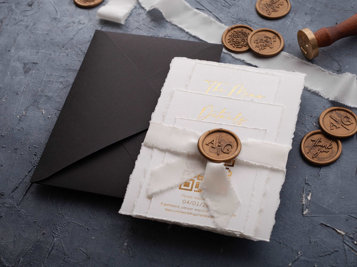 Deckled Edge and Gold Foil Printed Wedding Invite