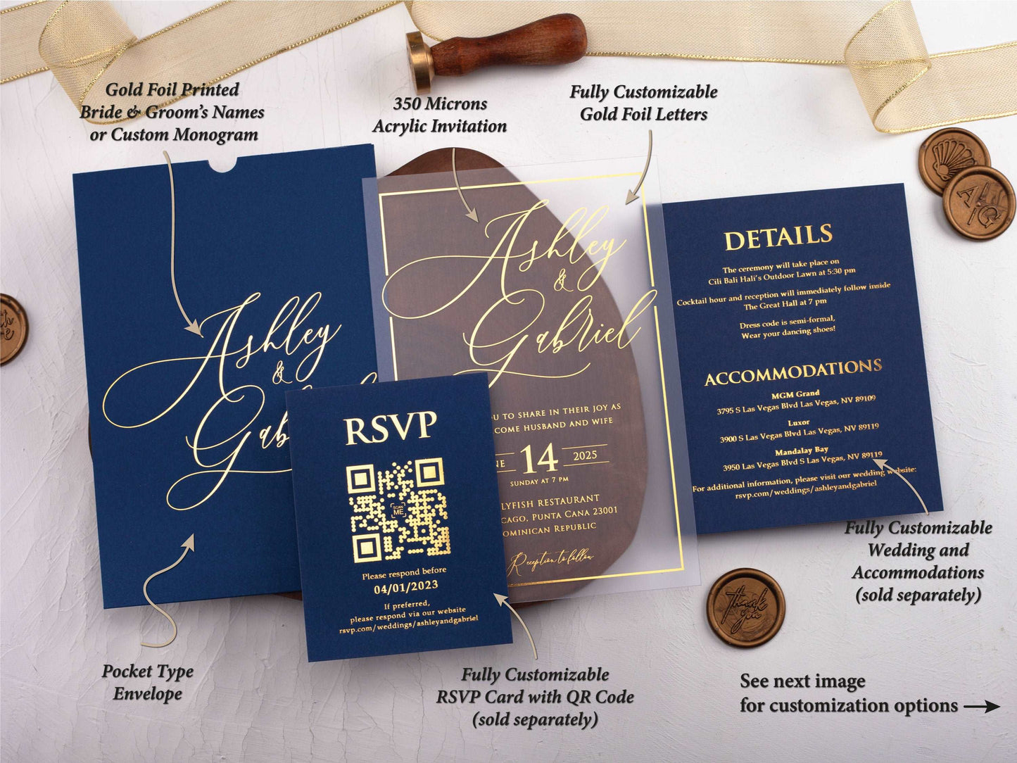 Navy Blue and Gold Acrylic Wedding Invitation