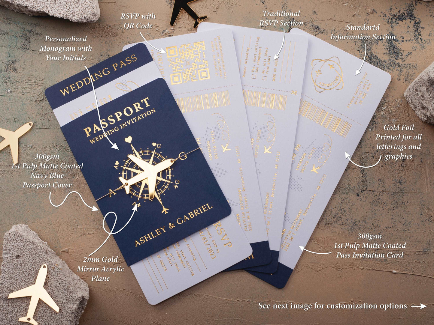 Navy Blue and Gold Foil Boarding Pass Wedding Invitation