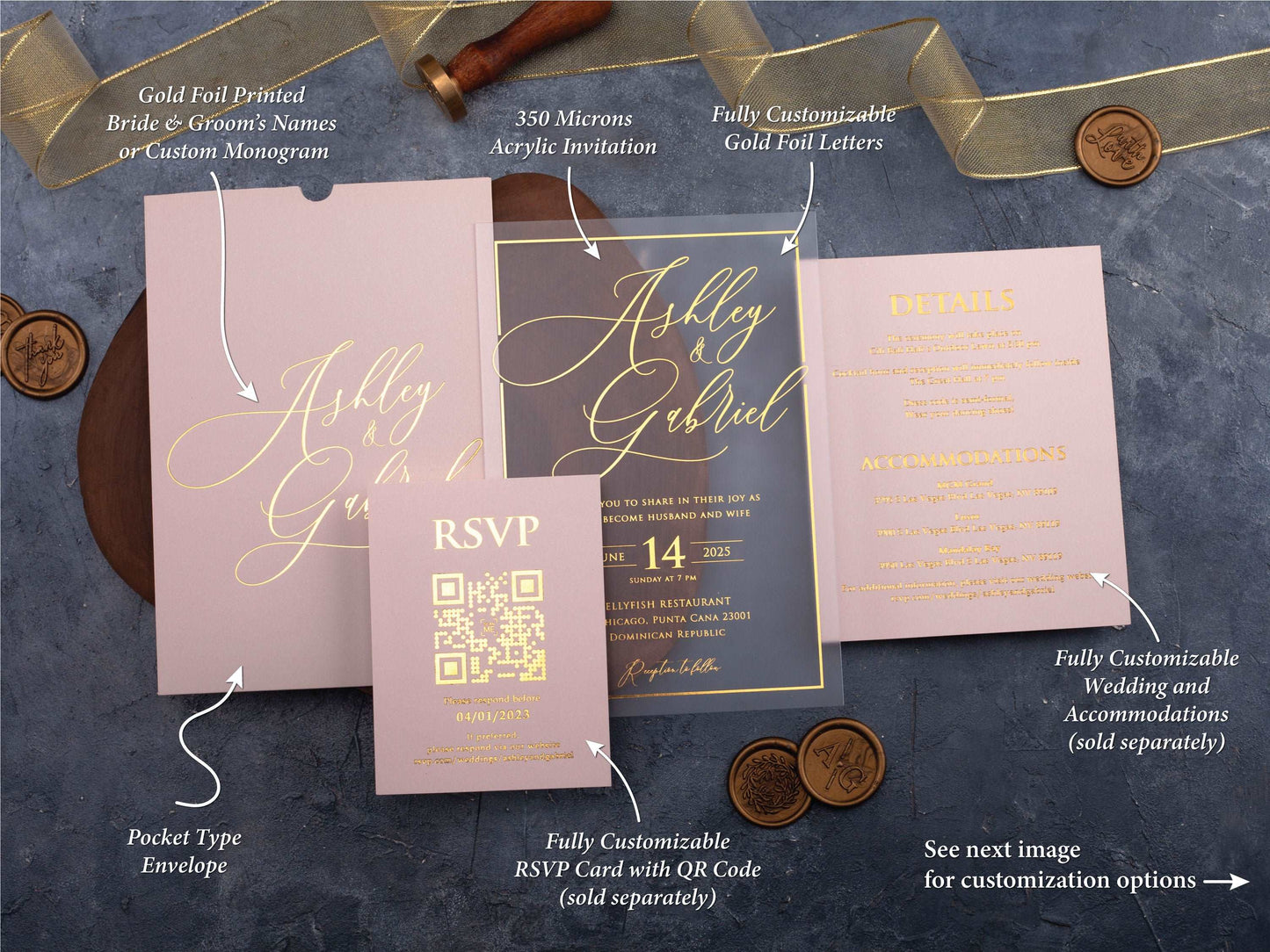 Blush Pink and Gold Acrylic Wedding Invitation