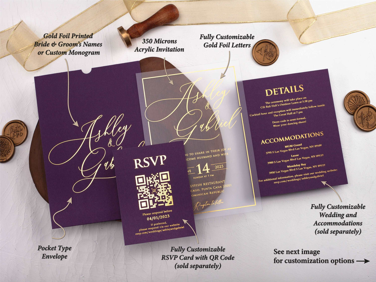 Acrylic Wedding Invitation with Purple Envelope and Gold Foil Print